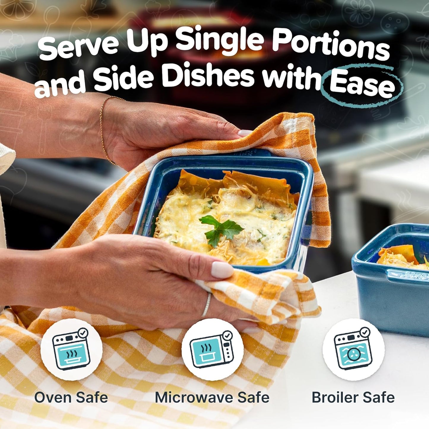 Souper Cubes Stoneware - 5" x 5" Baking Dishes for Oven with Silicone Covers, Premium Mini Ceramic Baking Dishes, Perfect for Reheating Individual Portions in Oven or Microwave, Set of 2 - Blueberry