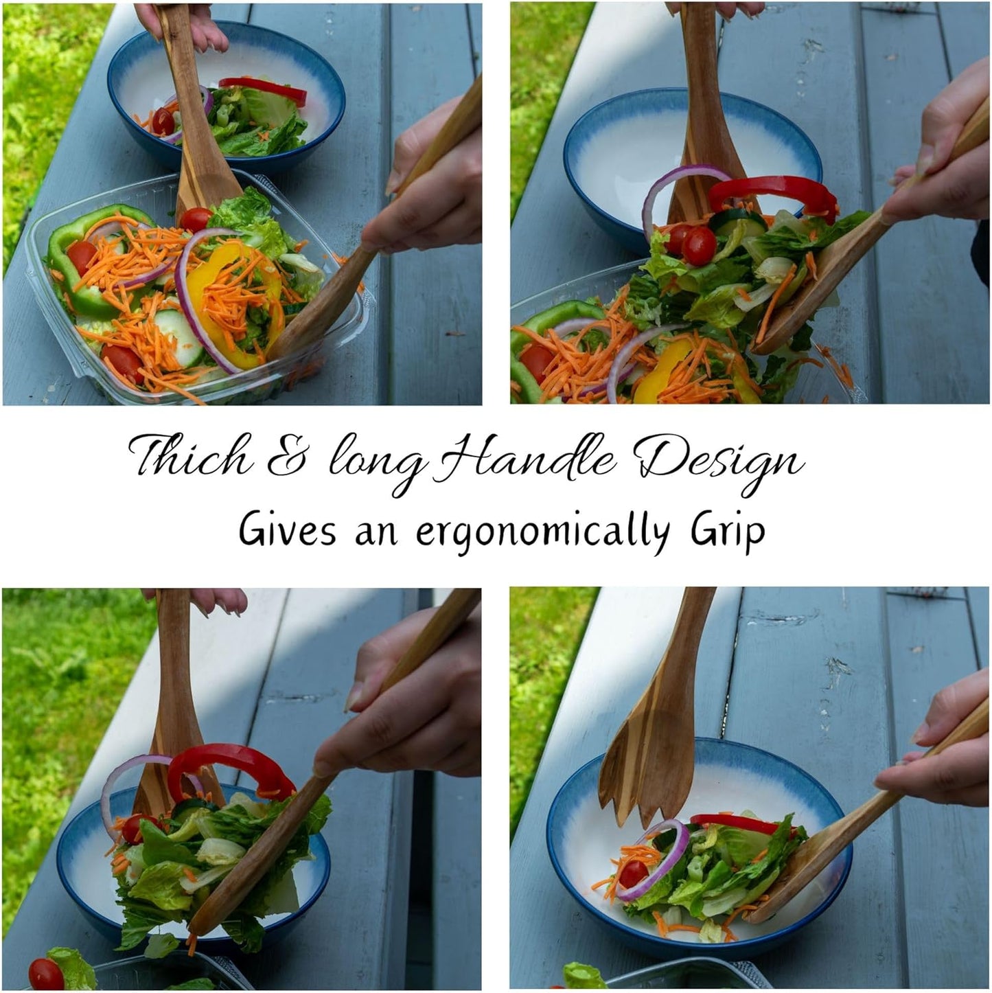 Olive Wood Salad Tongs 12 Inches Long Wooden Salad Spoons for Serving and Mixing, Salad Servers Set, Salad Tosser Utensils, Hardwood Salad Hands, Wooden Pasta Claw Fork With Teeth