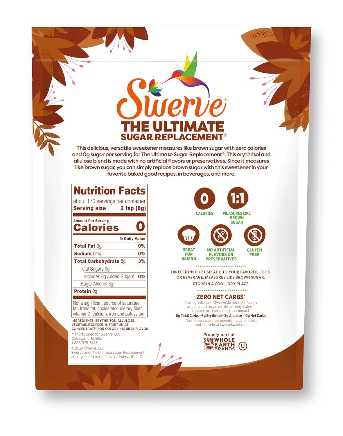 Swerve Ultimate Sugar Replacement Sweetener, Brown Sugar Substitute, Zero Calorie, Keto Friendly, Zero Sugar, Non-Glycemic, Gluten Free, 48 ounces
