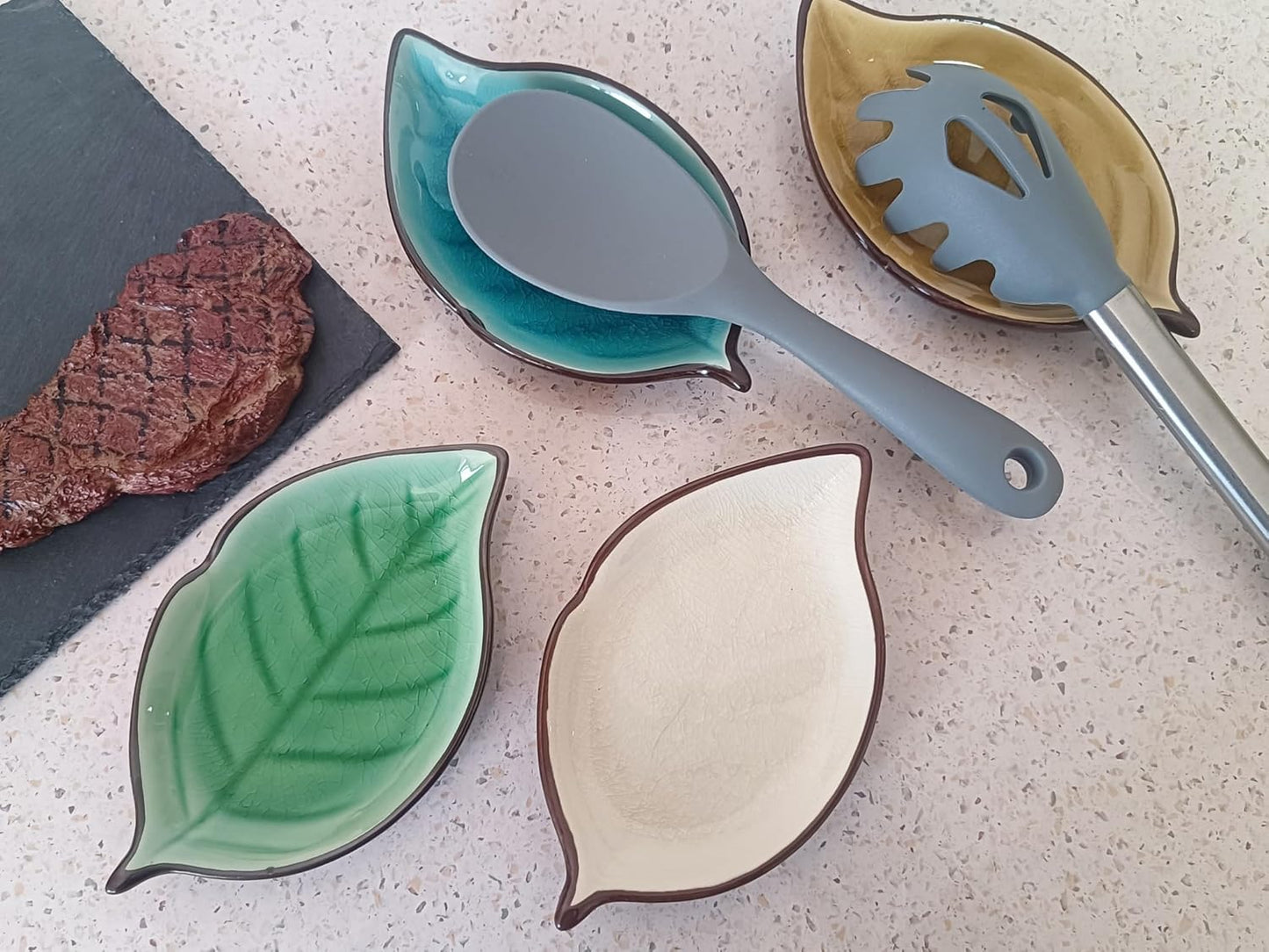 Ceramic Spoon Rest for Stove Top, Ice Cracks Leaf Cute Spoon Rest for Kitchen Counter, Cooking Spoon Holder for Kitchen Counter, Utensil Rest Spatula Rest Ladle Holder Tong Rest, 1 PC (A, Cream White)