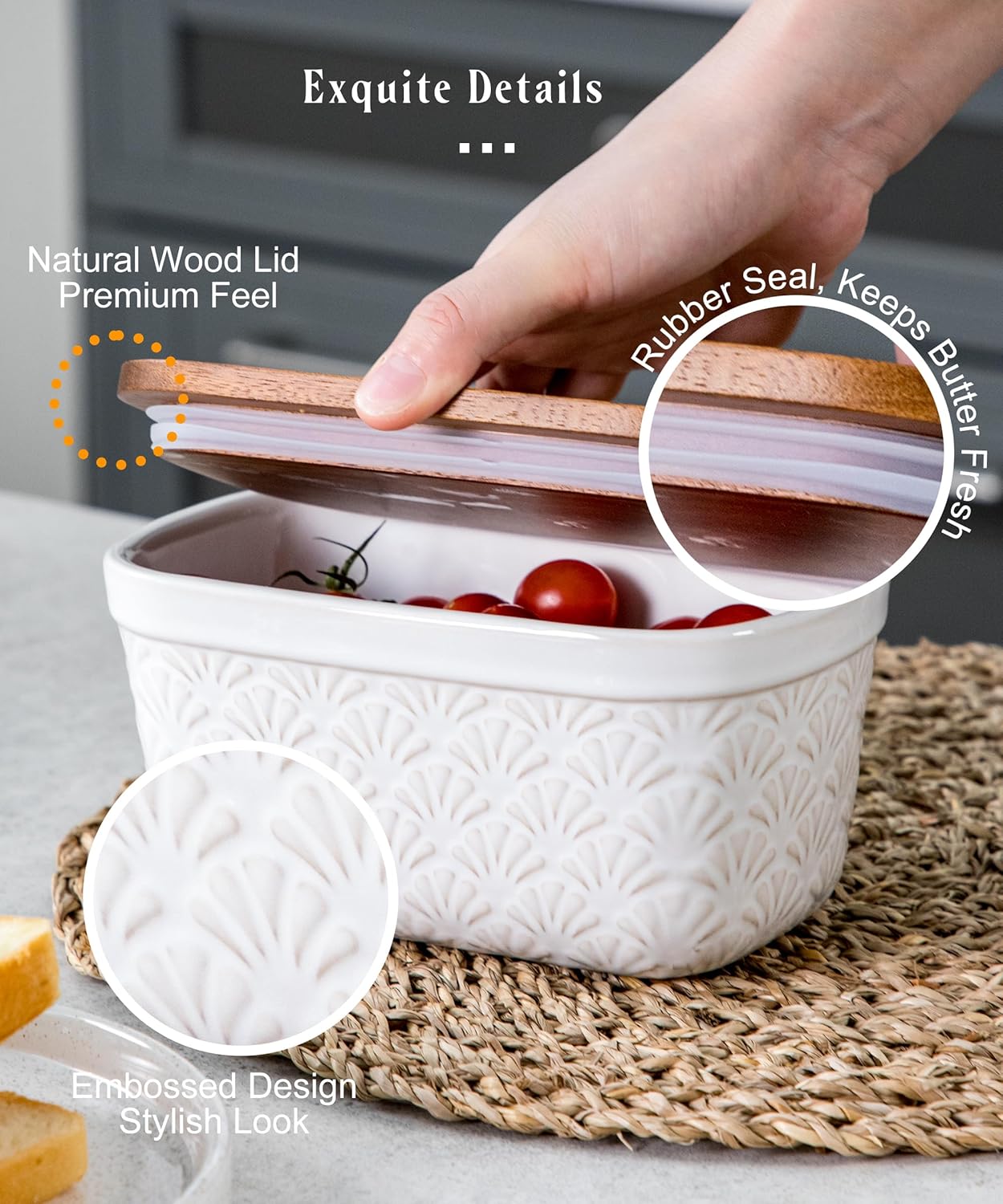 Nucookery Ceramic Butter Dish, Embossed Butter Keeper with Wood Lid for Countertop, Butter Holder and Container with Double Silicone Seal (Fan Pattern)