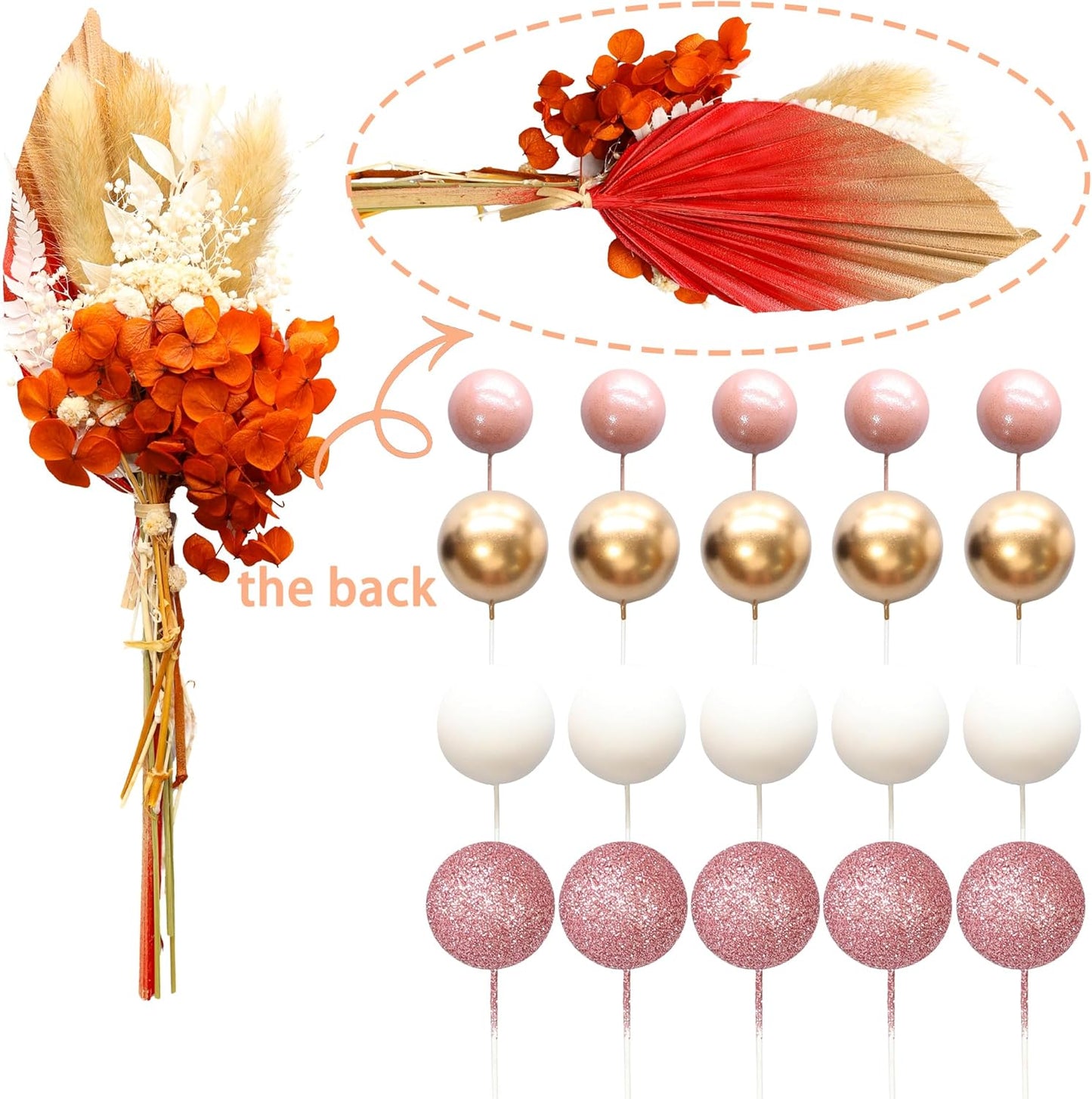 Gyufise 21 Pack Flower Boho Cake Topper Ball Cake Decorations Palm Leaves Plants Cake Decor for Girl Bohemian Princess Theme Wedding Baby Shower Birthday Party Supplies Rose Gold