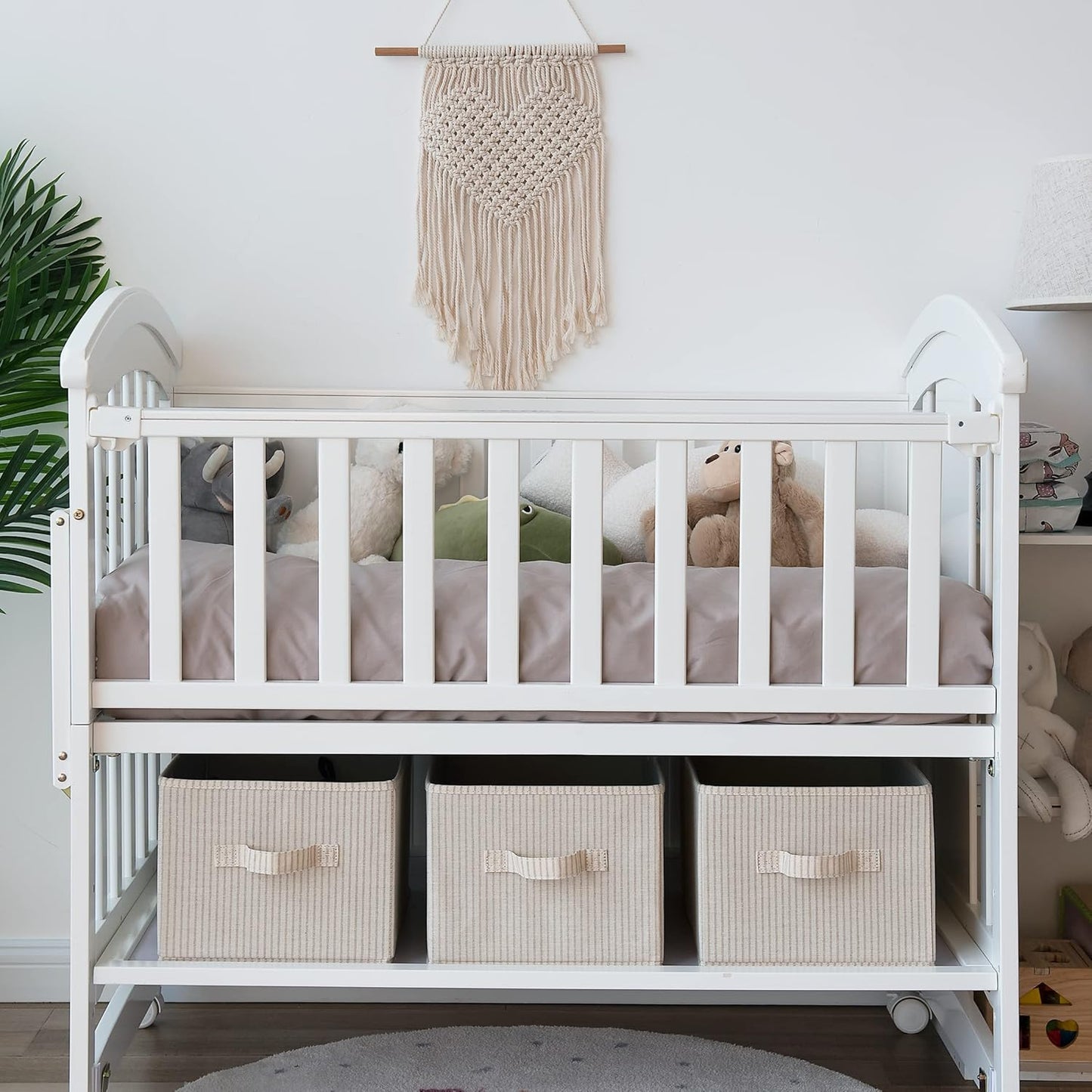 StorageWorks Storage Baskets for Shelves, Foldable Fabric Closet Storage Bins with Handles, Fabric Storage Bins Clothes Organizer, Beige Stripes, 3-Pack, Large