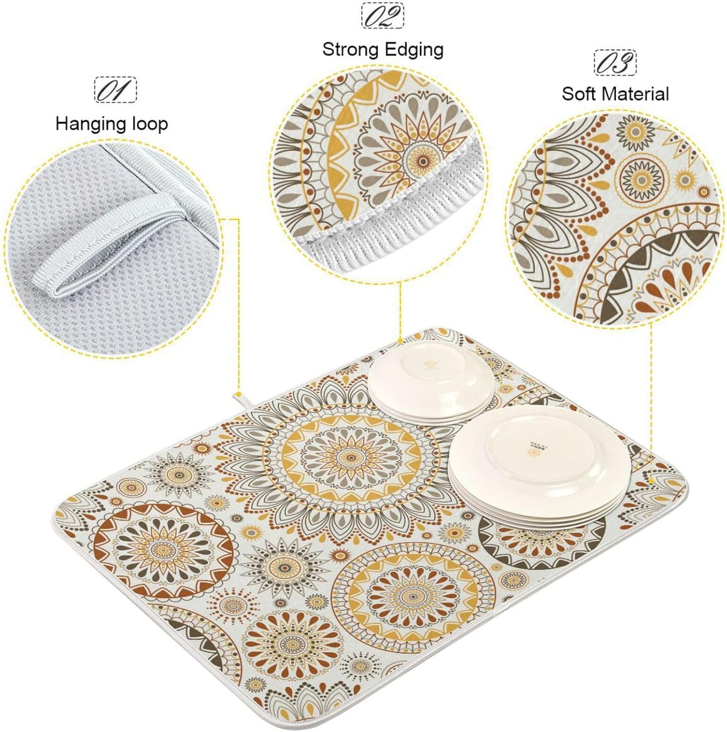 Mandala Ethnic Bohemian Ornament Dish Drying Mat for Kitchen Counter Absorbent Microfiber Drying Pad, Large 18x24 in, Reversible Drainer Mats
