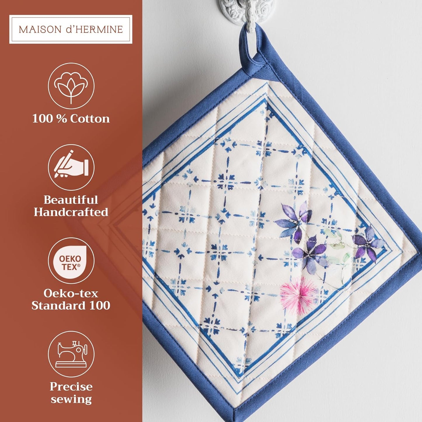 Maison d' Hermine Pot Holders 100% Cotton Heat Resistant Potholders 8" x 8" Hot Pads with Loop BBQ, Cooking, Baking, Grilling, Kitchen, Handling Hot Pans Spring/Summer (Pack of 1, Faience)