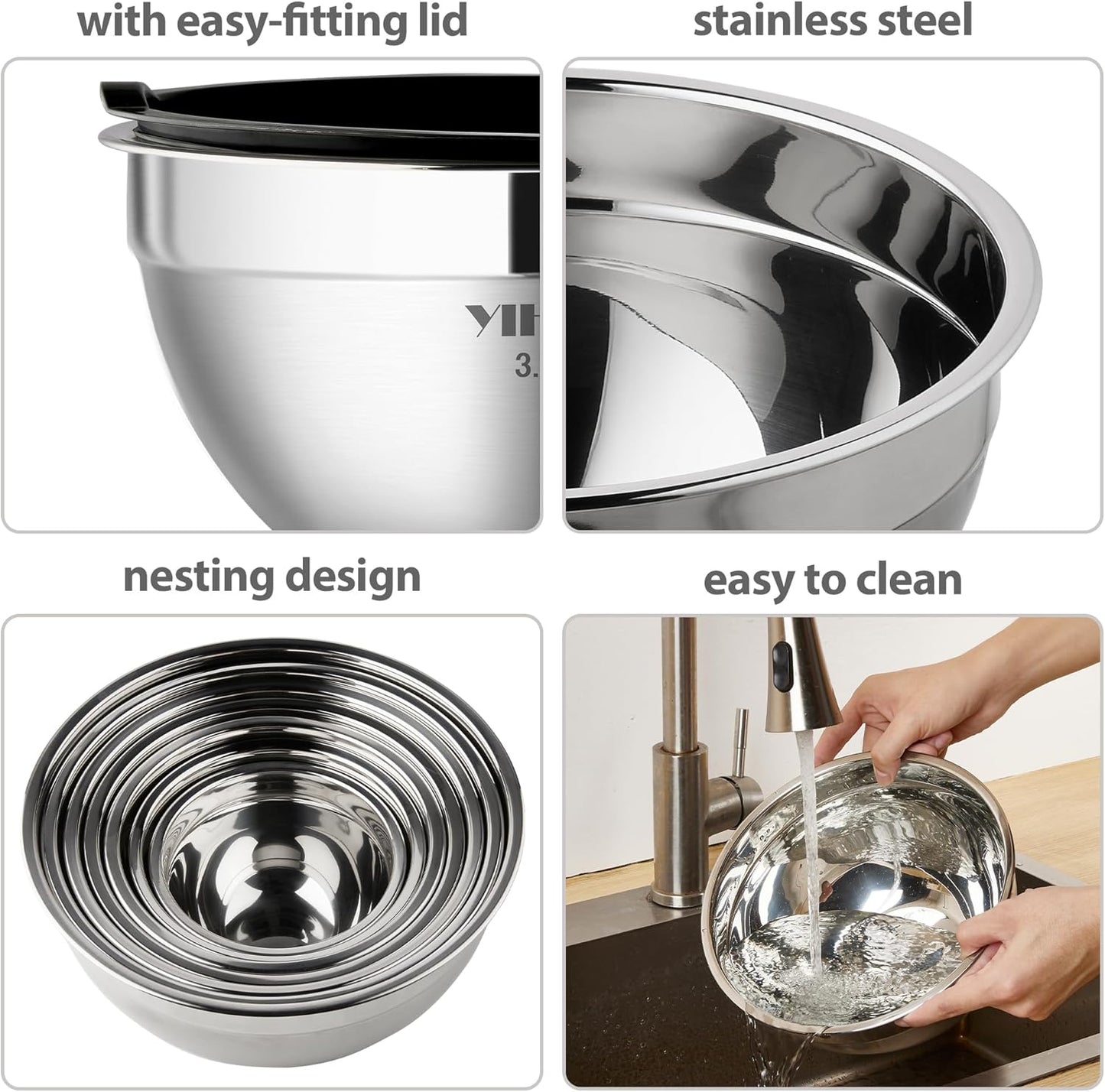 YIHONG 7 Piece Metal Mixing Bowls with Lids for Kitchen, Stainless Steel Set Ideal for Baking, Prepping, Cooking and Serving Food, Nesting Design for Space Saving Storage(Black)