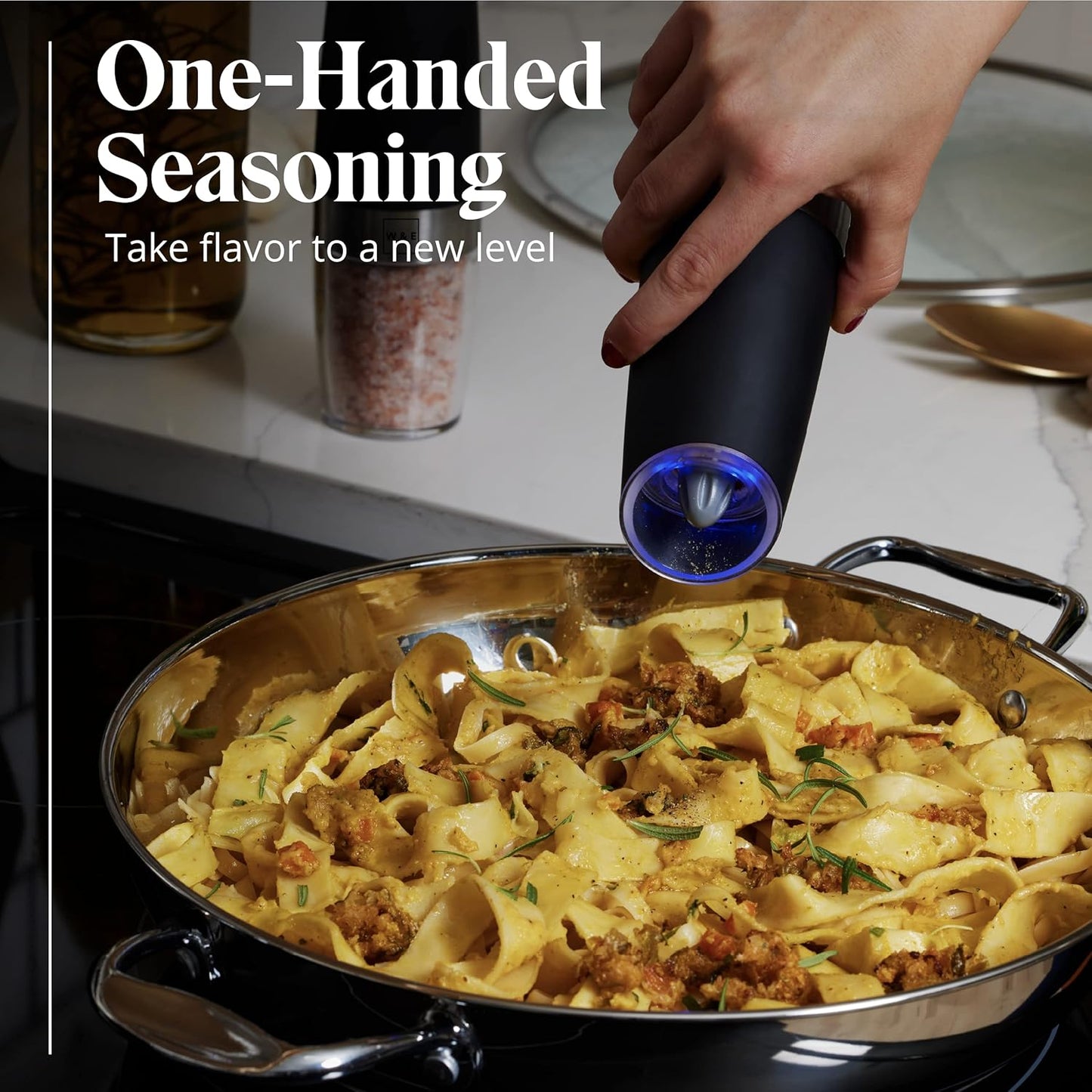 Willow & Everett Electric Salt and Pepper Grinder Set - Battery-Operated, Automatic Salt and Pepper Shakers - Black and Stainless Steel Gravity Electric Salt Grinder & Pepper Mill for Seasoning