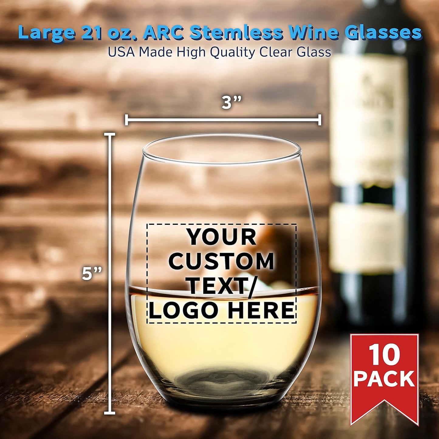 DISCOUNT PROMOS 10 ARC Stemless Wine Glasses Set, 21 oz. - Customizable Text, Logo - Chardonnay, Cabernet, Merlot, Sauvignon - Black