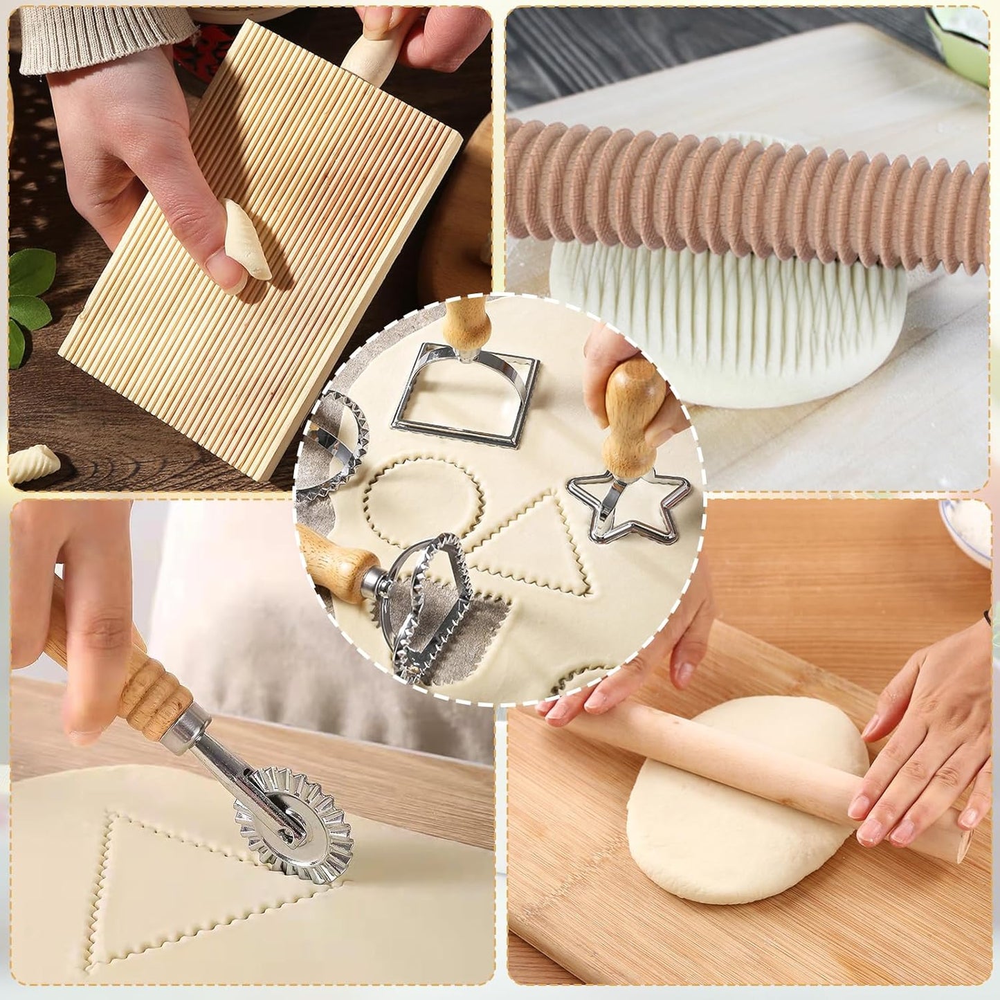 11 PCS Pasta Making Tool, Ravioli Maker Cutter Stamp Set, 1 Pasta Cutter Wheel with 1 Dough Roller, 1 Wood Gnocchi Board with 1 Ravioli Rolling Pin, Pasta Maker Tools for Lasagna, Pierogi
