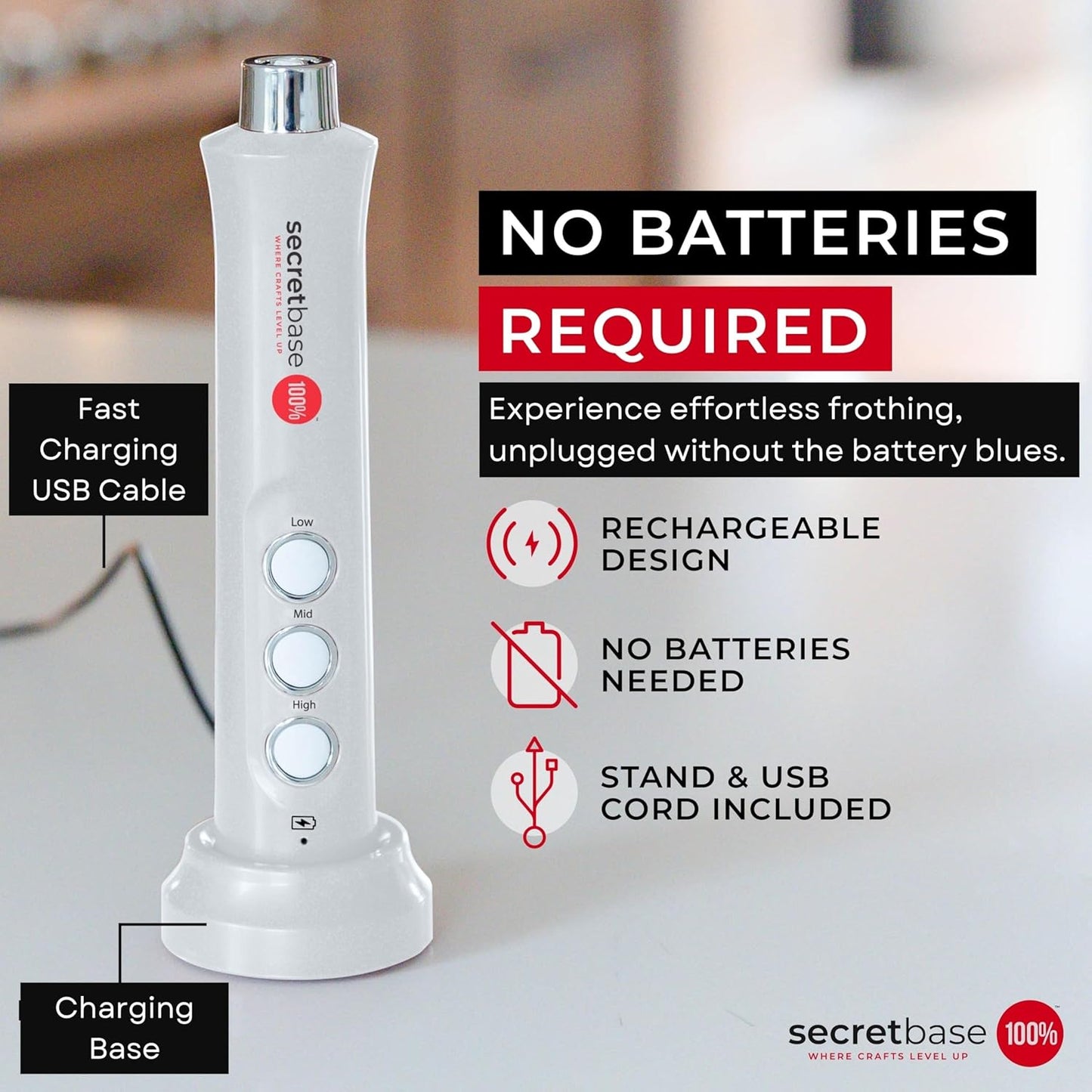 Secretbase 3 Speed Rechargeable Milk Frother, Pitcher, Charging Base - Handheld Mixer for Latte, Drinks, Matcha - Includes Cup, Electric Stirrer, Double-Whisk Frother for Coffee, Egg Beater (White)