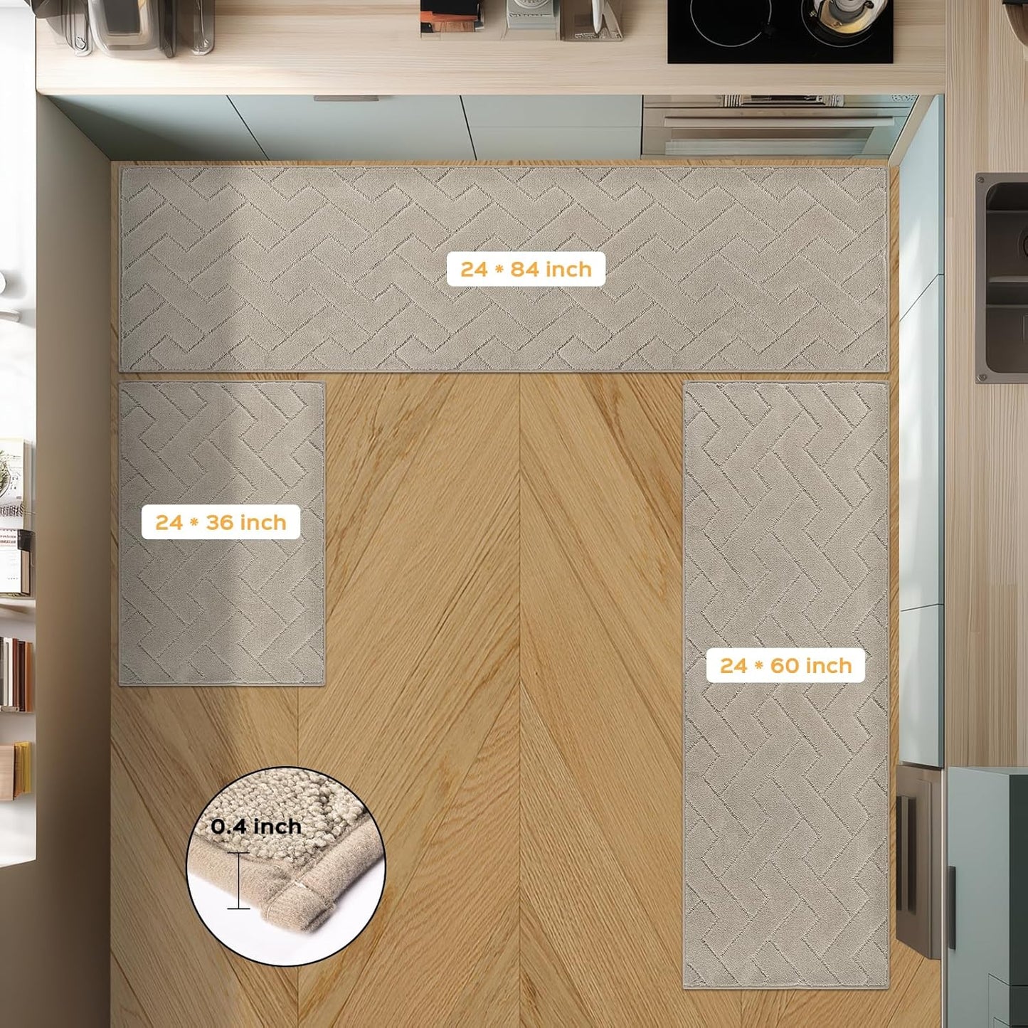 Machine Washable Kitchen Rugs Set (24" x 36"+24" x 60"), Non-Slip Kitchen Runner Rugs Mats for Floor, Absorbent Comfort Standing Mats for Kitchen, Sink and Hallway, Rolled Packaging, Taupe