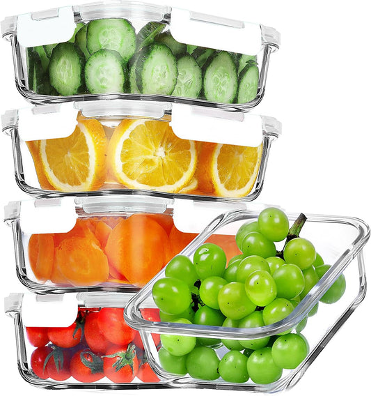 VERONES 5 Pack 36 OZ Glass Meal Prep Containers, Airtight Glass Lunch Containers Set, Food Storage Containers with Lids,Exclusive of BPA, for Microwave, Oven, Freezer & Dishwasher Friendly,White