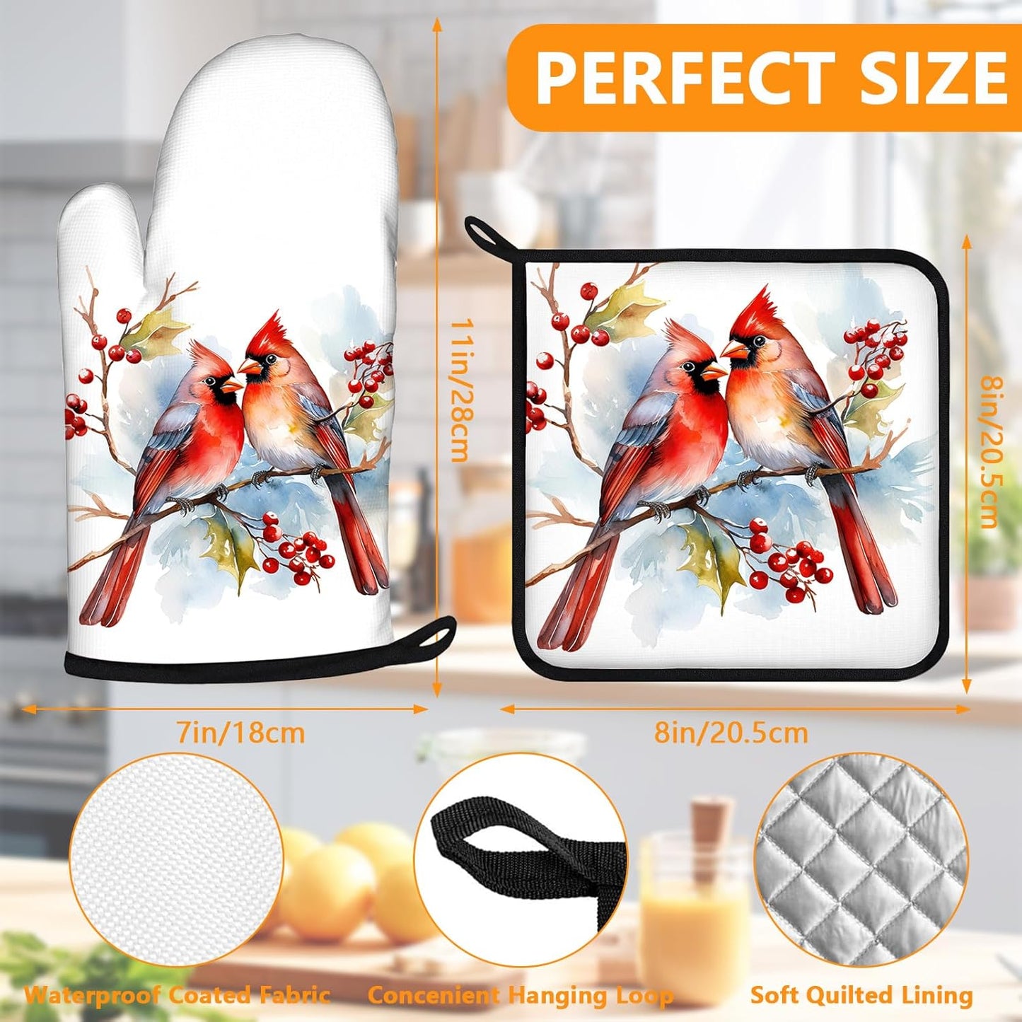 Red Cardinal Birds Oven Mitts and Pot Holders Sets 4Pcs,Extra Long Oven Gloves Potholder for Kitchen Cooking Baking BBQ 100% Cotton Heat Resistant