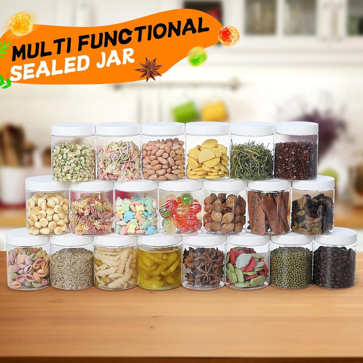 48pcs 8 oz Plastic Containers with Lids Labels Leak Proof BPA Free Airtight Refillable Clear Small Containers Storage Jars for Storing Dry Food Slime Honey Jam,white