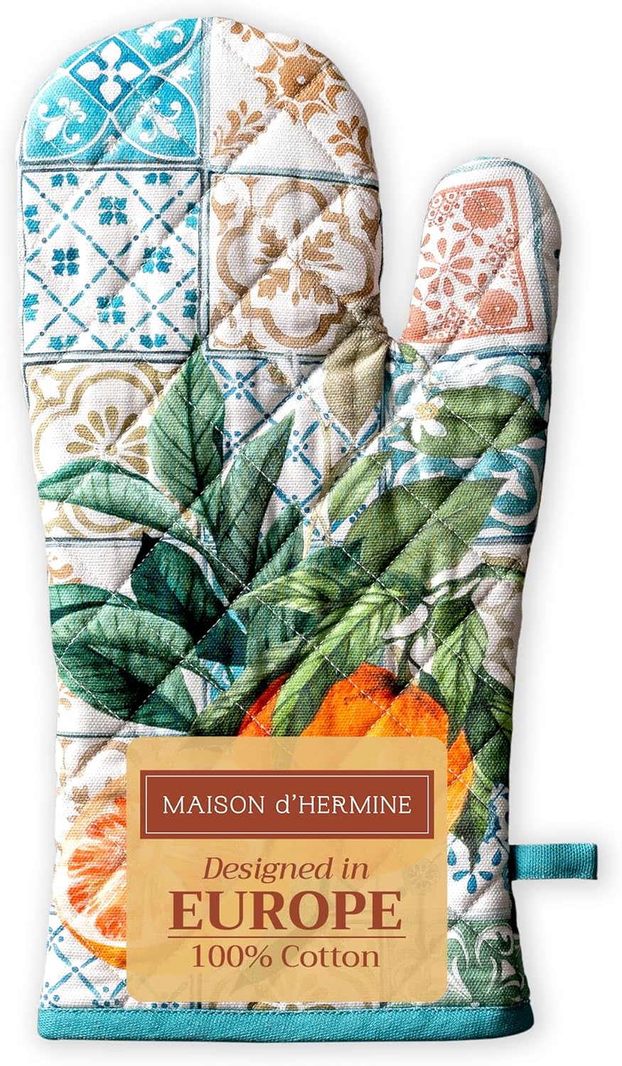 Maison d' Hermine Oven Gloves 100% Cotton Oven Mitt 7" x 13" with Loop Heat Resistant, BBQ, Cooking Gloves, Baking, Grilling, Kitchen, Handling Hot Pans Spring/Summer (Pack of 1, Agrume)