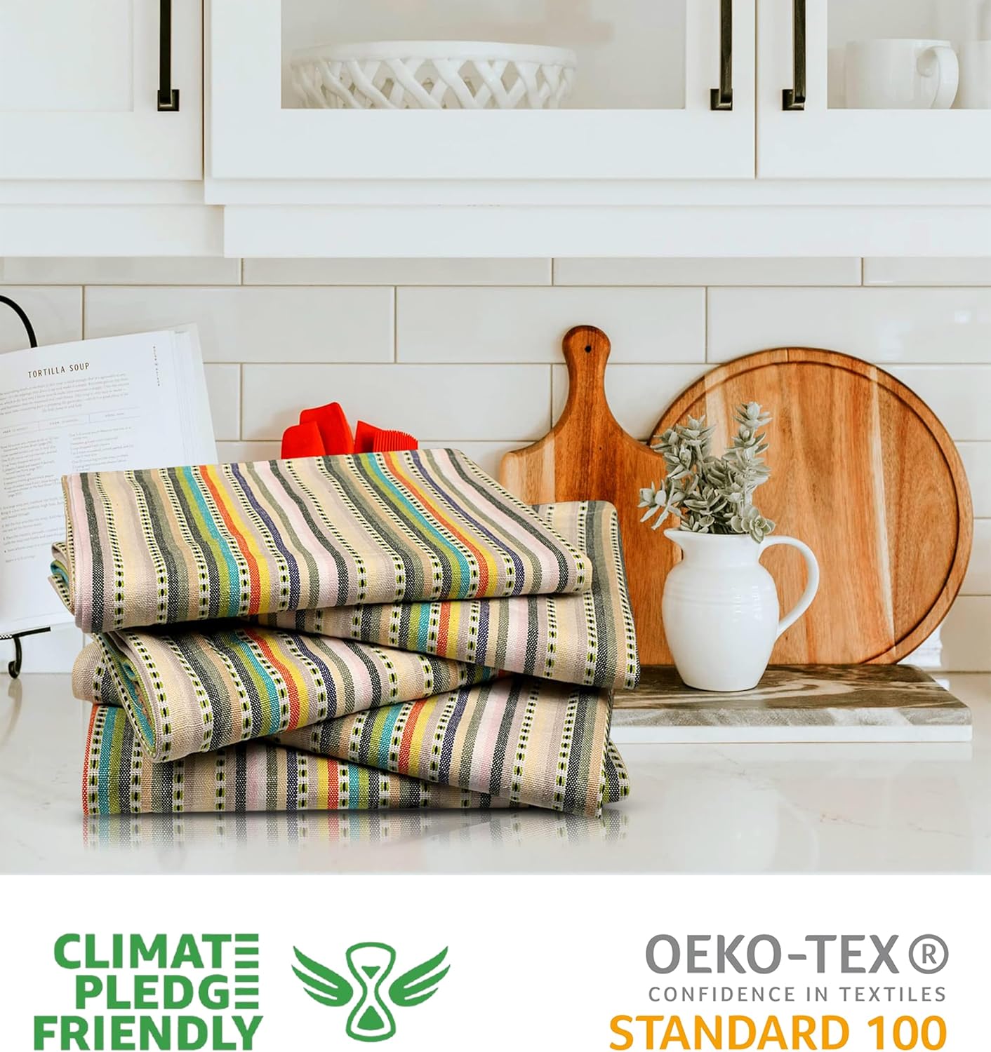 Urban Villa Easter Kitchen Towels,Beige Multi Dobby Stripes,Premium Quality,100% Cotton Dish Towels, Mitered Corners,Ultra Soft (Size: 20x30 Inches), Highly Absorbent Bar & Tea Towels (Set of 6)