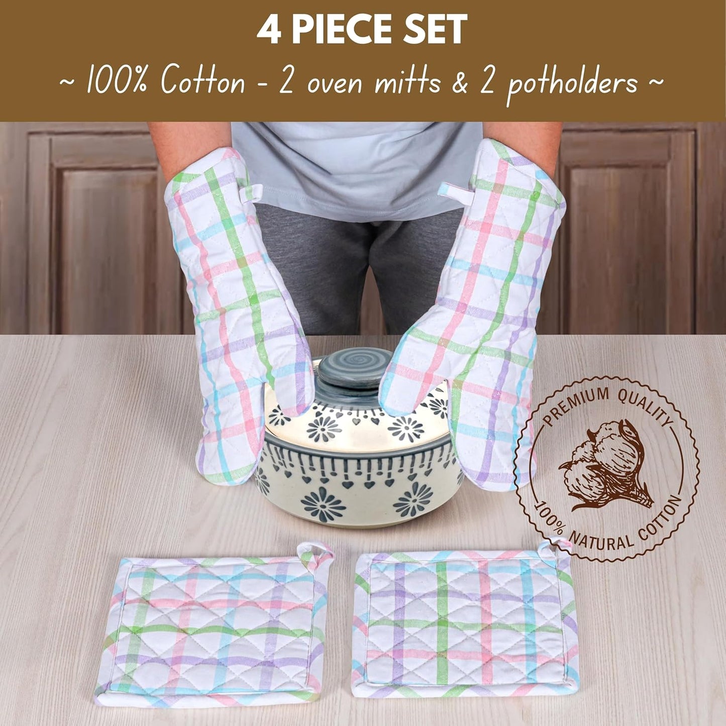 Native Fab 4 Piece Set - 2 Oven Mitts & 2 Potholders, Heat Resistant, 100% Cotton, Quilted Design, Non-Slip Grip, Ideal for Baking, Cooking, BBQ, Kitchen Protection, Multi-Color Checks