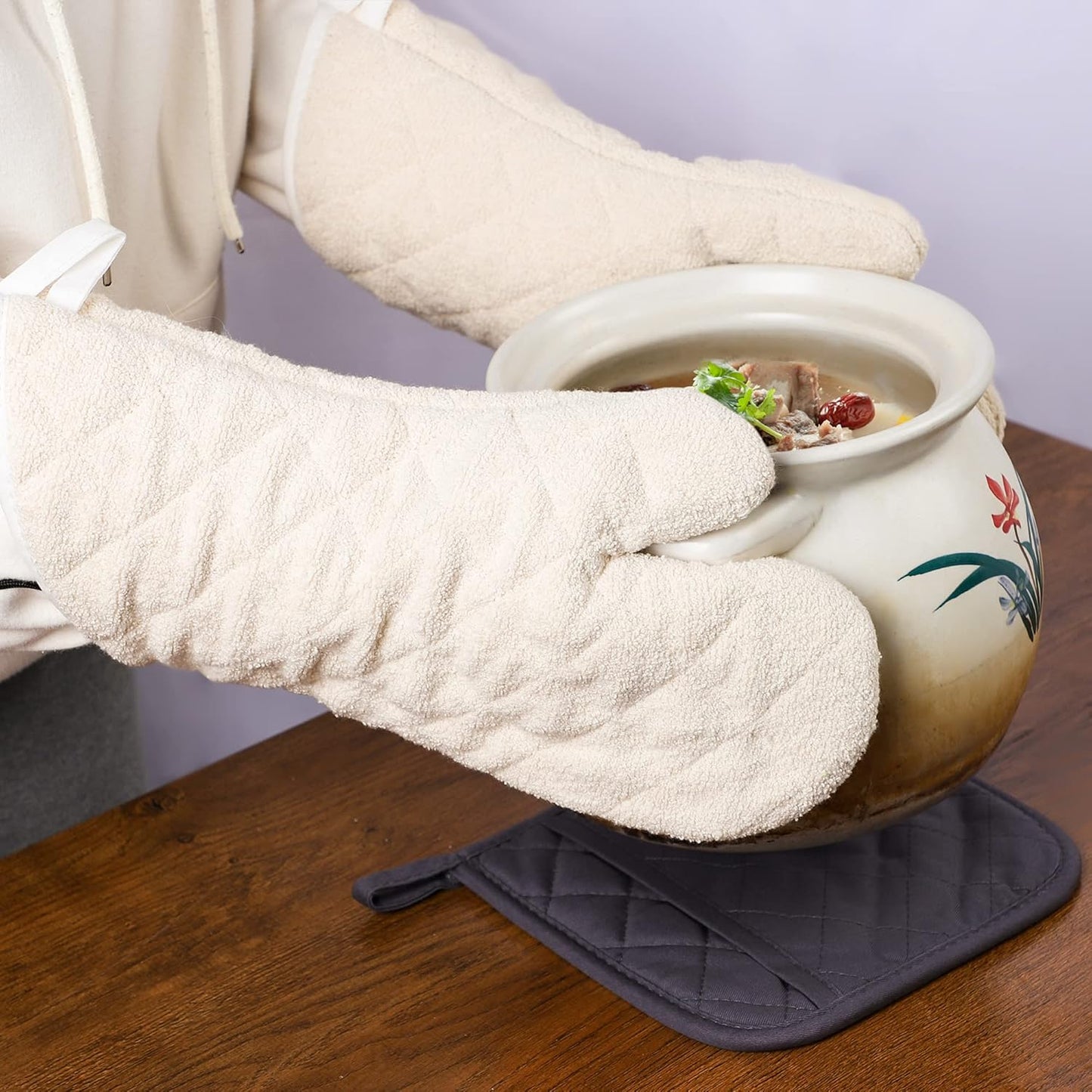 Terry Cloth Oven Mitts Heat Resistant to 482° F 15 Inch 100% Cotton Set of 2