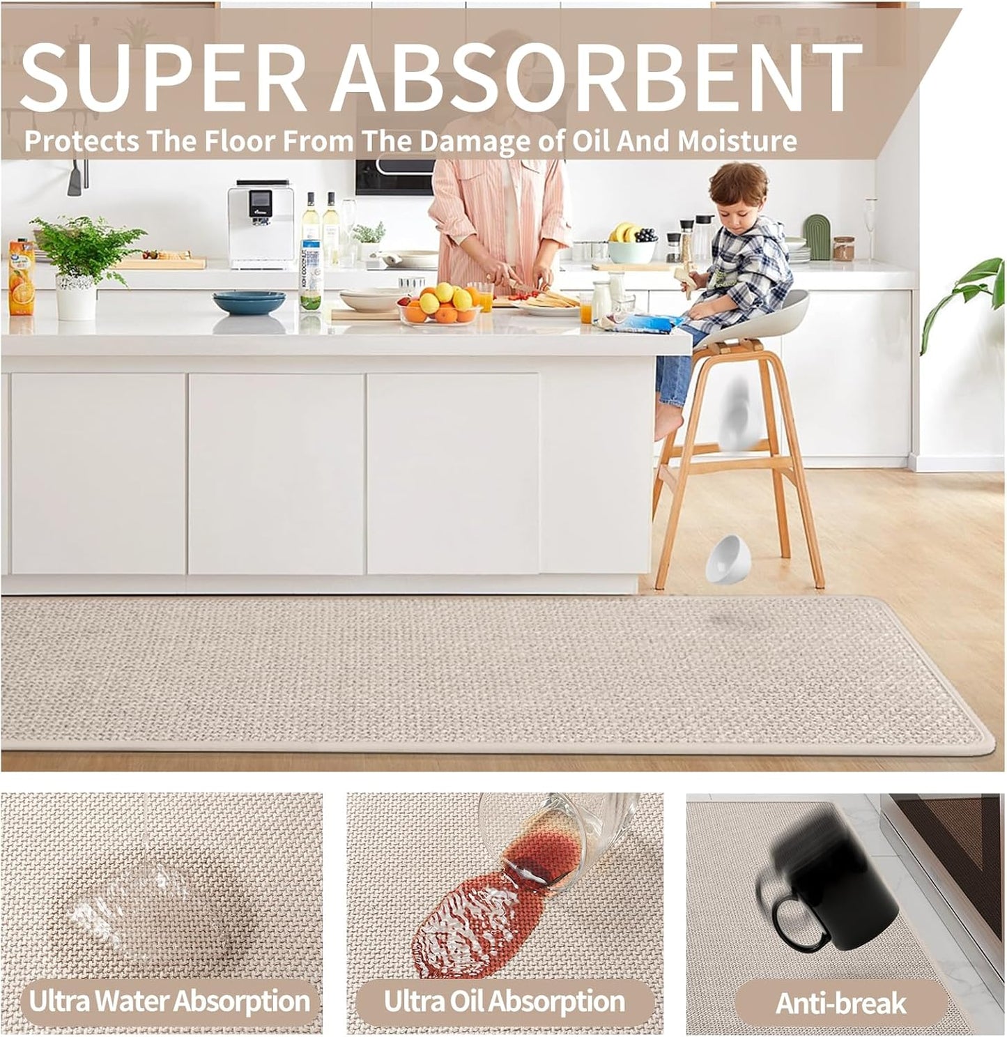 Kitchen Mats for Floor, Super Absorbent Kitchen Rugs Non Slip Washable, Soft Imitation Linen Braided Kitchen Runner Rug, Standing Mat Kitchens Sink Mat, Easy to Clean, Beige 17x95