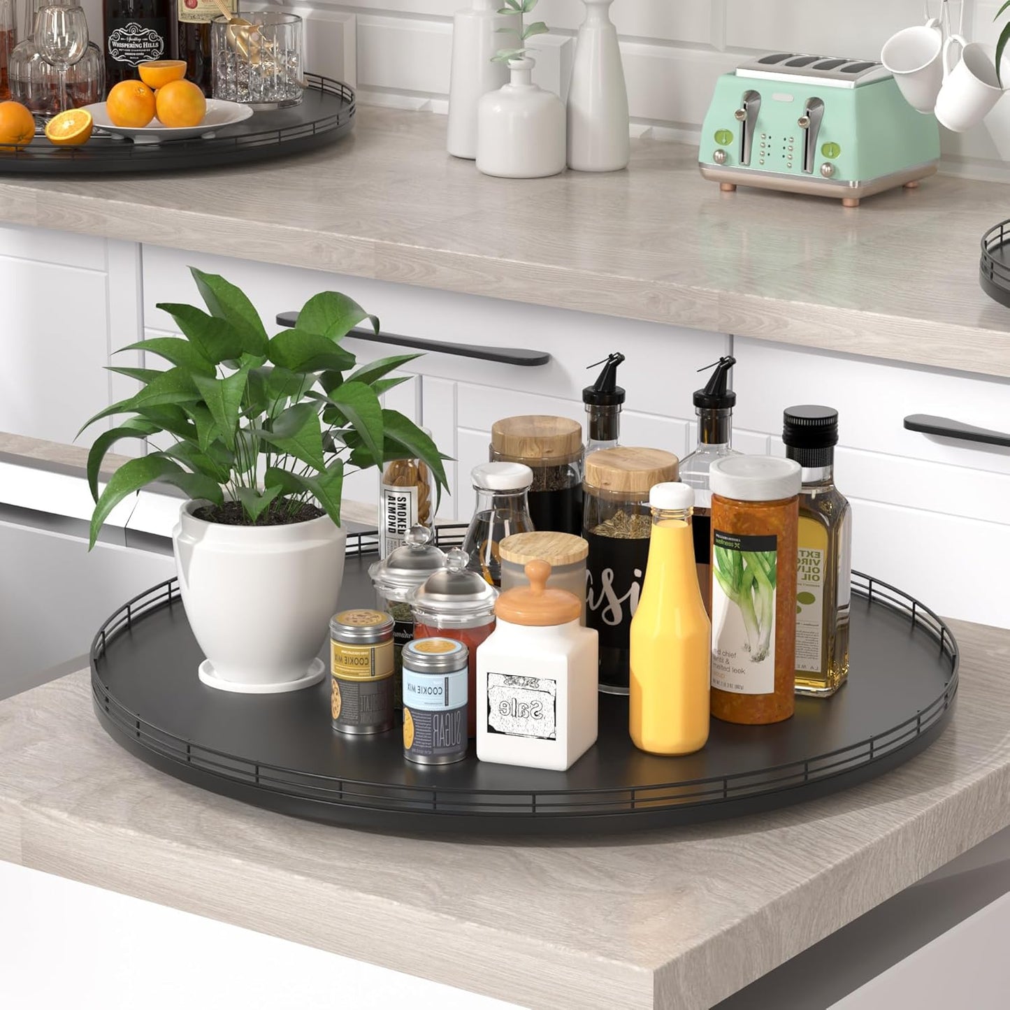 24" Oak Wooden Lazy Susan Turntable for Dining Table, Extra Large Round Lazy Susans Organizer for Kitchen Countertop Charcuterie Boards Cheese Board Organization and Storage Black Home Decor