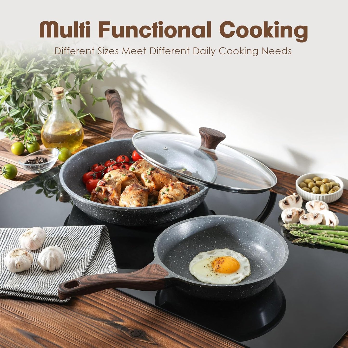 SENSARTE Nonstick Frying Pan Skillets, Swiss Granite Coating Omelette Pans, Healthy Cookware Chef's Pan, Free of Intentionally Added PFOA (8+11Inch with Lid)