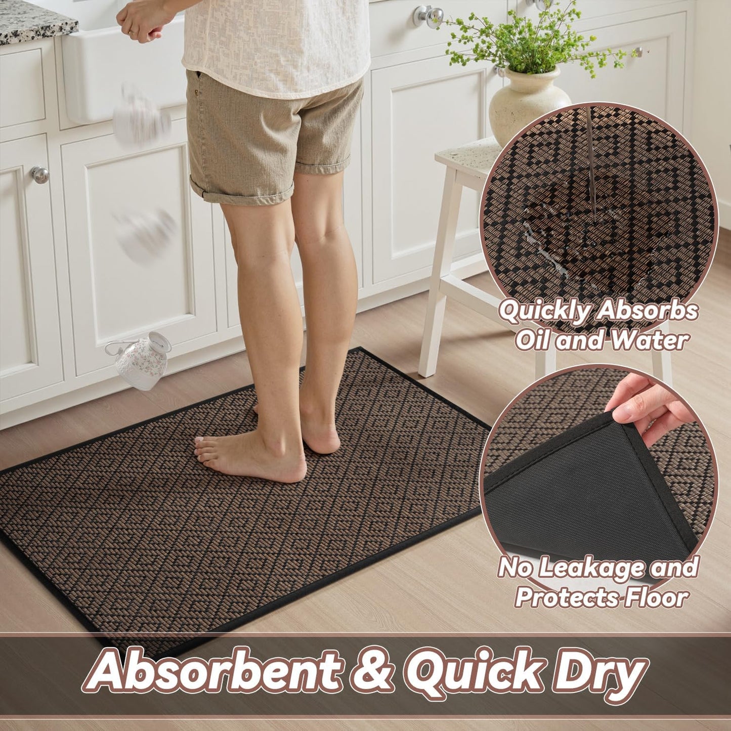 PADOOR Kitchen Floor Mat, Rubber Backed Kitchen Rugs Non Slip Washable, Super Absorbent Kitchen Mats for Floor Front of Sink, 17"x24", Black