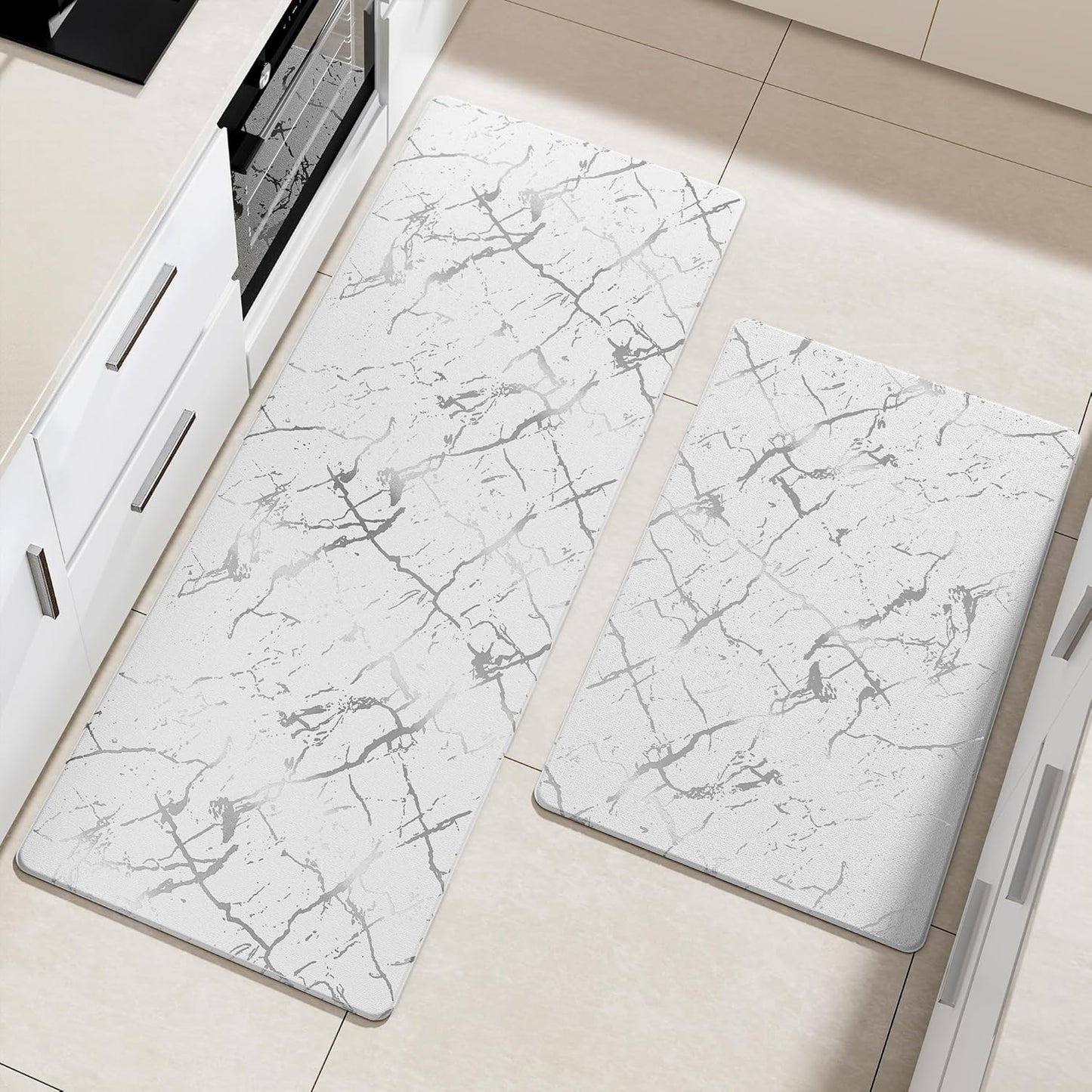 Silver Foil Stamped Marble Kitchen Mats for Floor 2PCS Cushioned Anti Fatigue Non Slip Waterproof Comfort Leather Kitchen Rugs 2/5 Inch PVC Kitchen Mats for Sink, Laundry, 17.3"x28"+17.3"x59",White