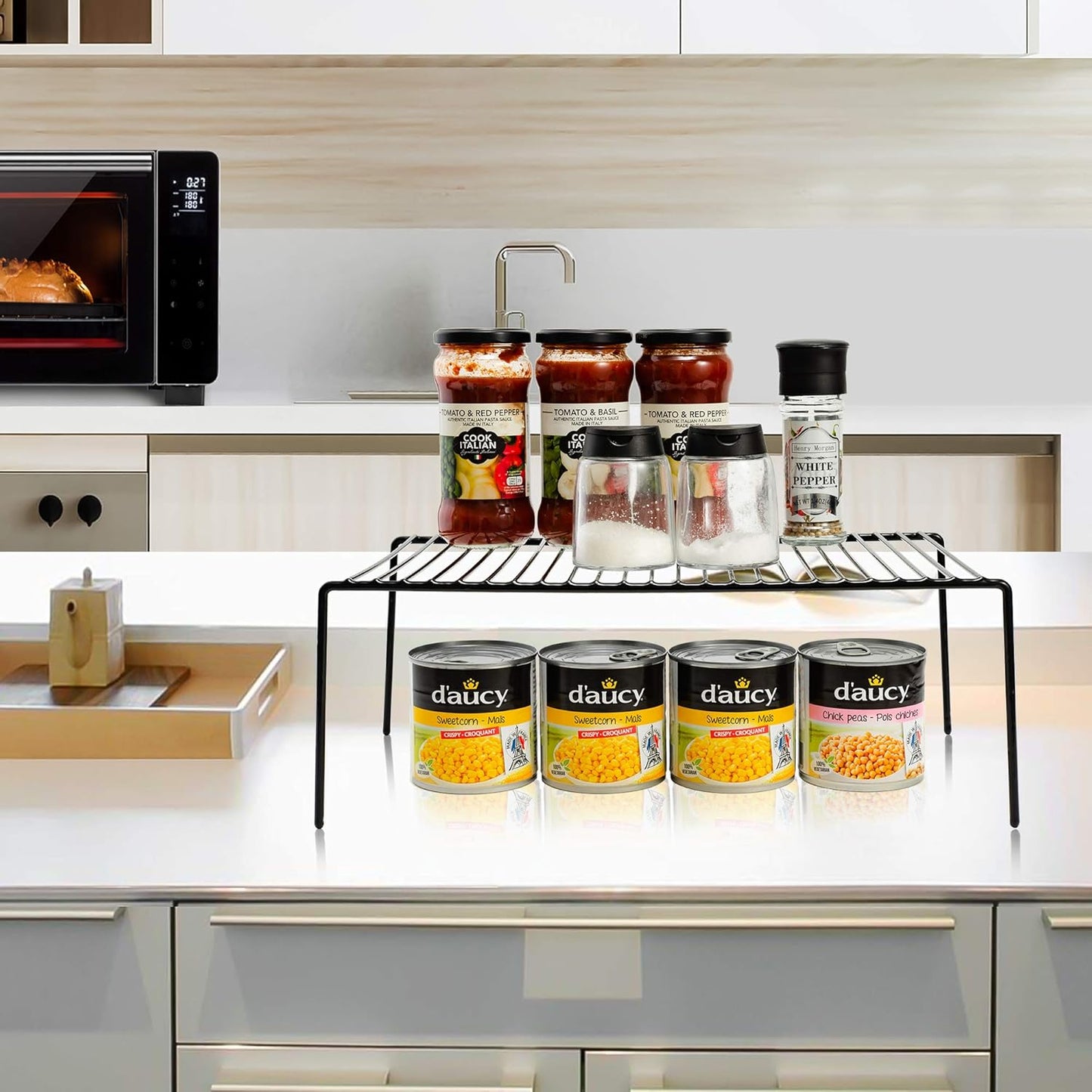 iPEGTOP Set of 6 Large (15.7 x 9.4 Inch) Kitchen Cupboard Organiser, Freezer Cabinet Storage Metal Shelf Wire Rack, Rustproof Steel Shelves for Fridge Pantries Countertops Utensils, Black