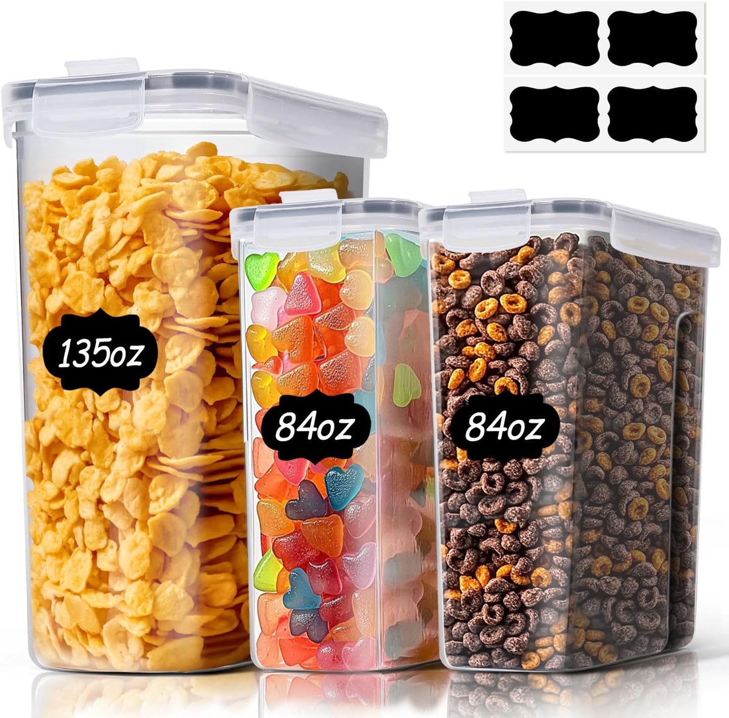 3 PCS Cereal Storage Containers Set, Airtight Food Containers with lid for Rice Pet food, Medium & Small Cereal Dispenser for Kitchen Pantry Organization (135.2oz/4L + 84.5oz/2.5L×2)