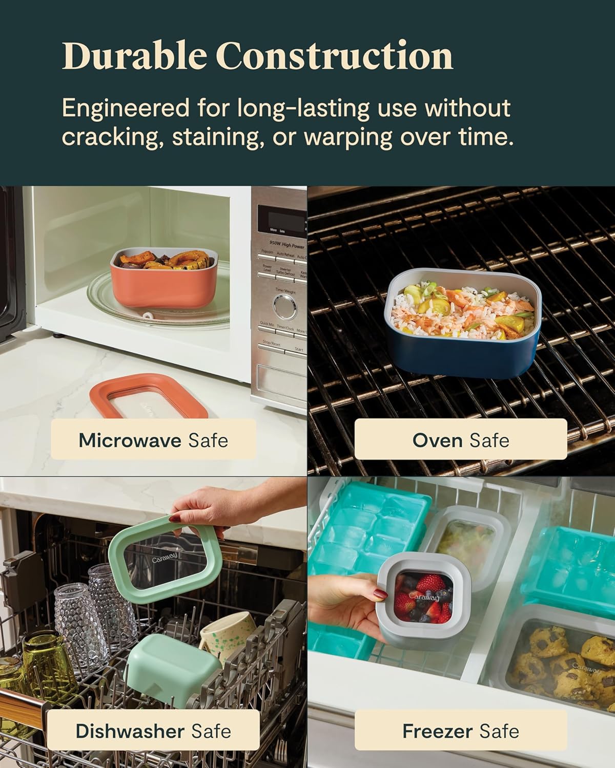 Caraway 2pc Glass Food Storage Set - 1.75 Cup Food Containers (2) - Non-Toxic Ceramic-Coated Glass - Air Release Technology - Compact & Stackable Design - Sage