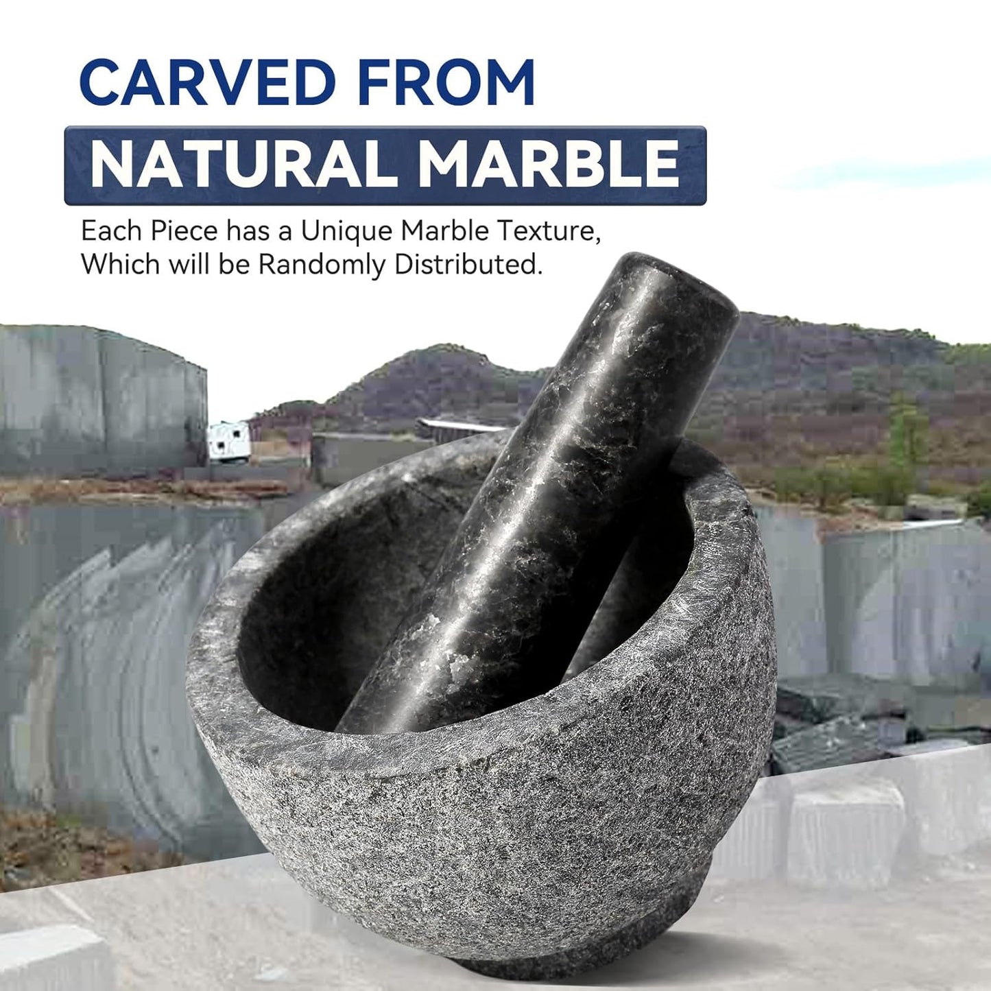 Koville African Natural Granite Mortar and Pestle Set, Grinder Bowl for Guacamole, Salsa, Pill Crusher, Spice, Herb, Garlic, Nut, Heavy Duty Grinder for Kitchen (Sandblasted Finish)