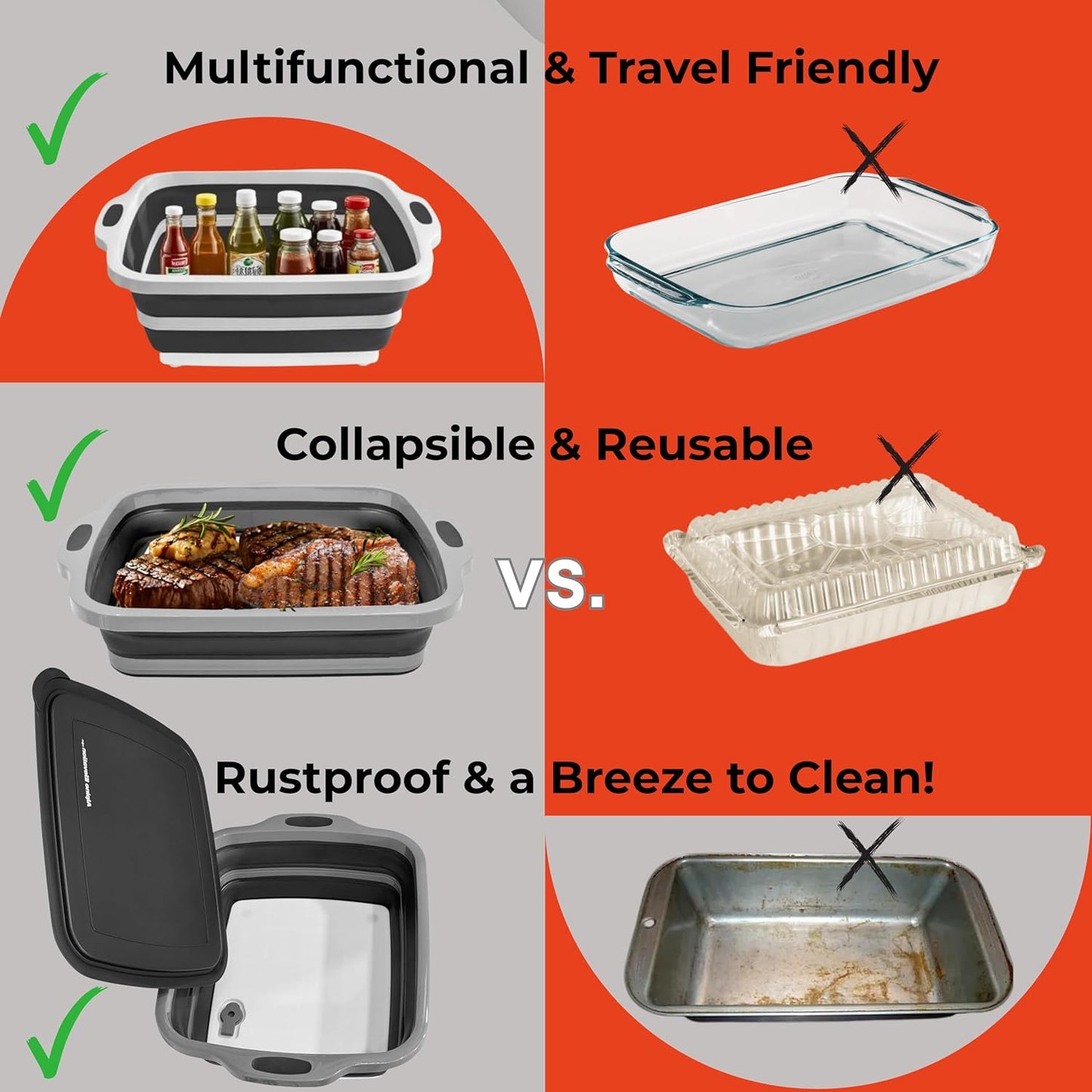 Collapsible Large (8L) BBQ Marinating Tub w/Cutting Board | Multipurpose Food-Grade TPE Prep Tub w/Lid | Built-in Colander & Drain Plug - for Camping | Tailgate | Picnic - Slate Black