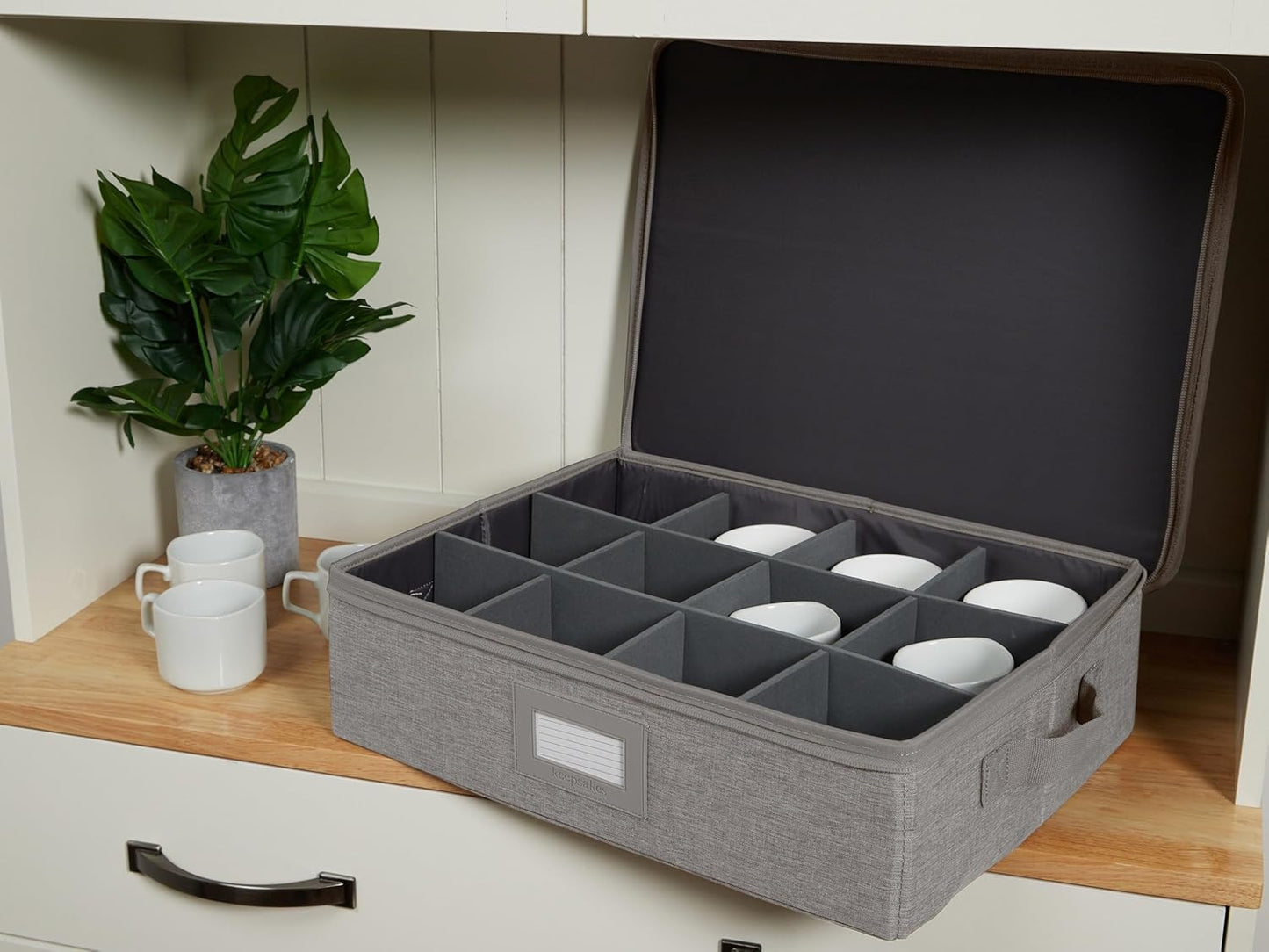Covermates Keepsakes Dish Storage Box - Stackable, Reinforced Handles, China Storage, Grey Heather