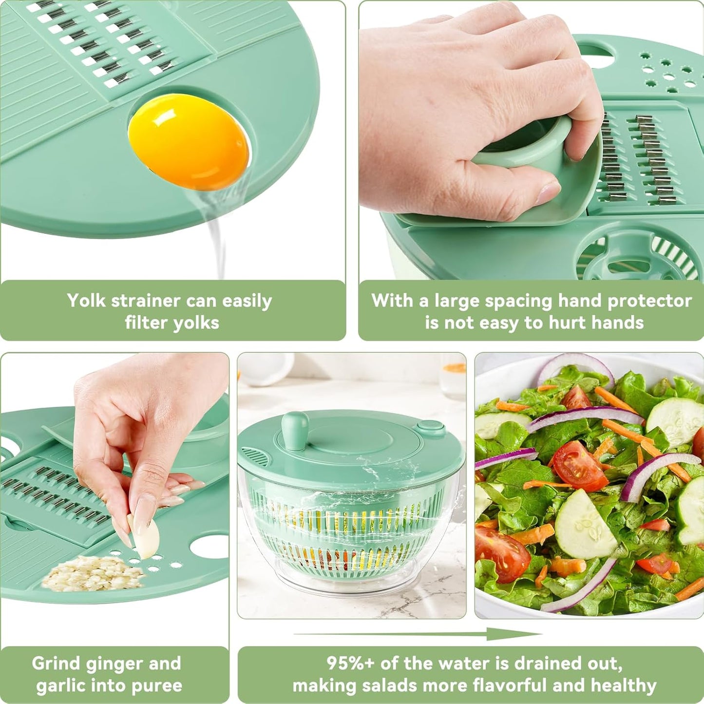 YUANYE Salad Spinner Large, 3 IN 1 Vegetable and Fruit Washing Bowl with Strainer, Lettuce Spinner with 5 Blades Slicer, Egg Yolk Strainer, Salad Bowl for Efficient Salad Preparation, 5.3 Qt
