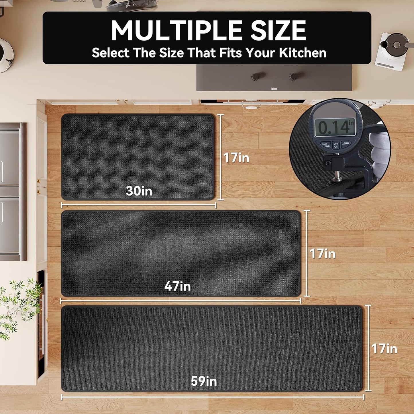 Kitchen mats for Floor Water and Oil Absorbent Runner Rugs for Kitchen, Kitchen Mat in Front of Sink,Non-Slip Kitchen Rugs,Durable Imitation Linen Kitchen Rug Black 17x30+17x59