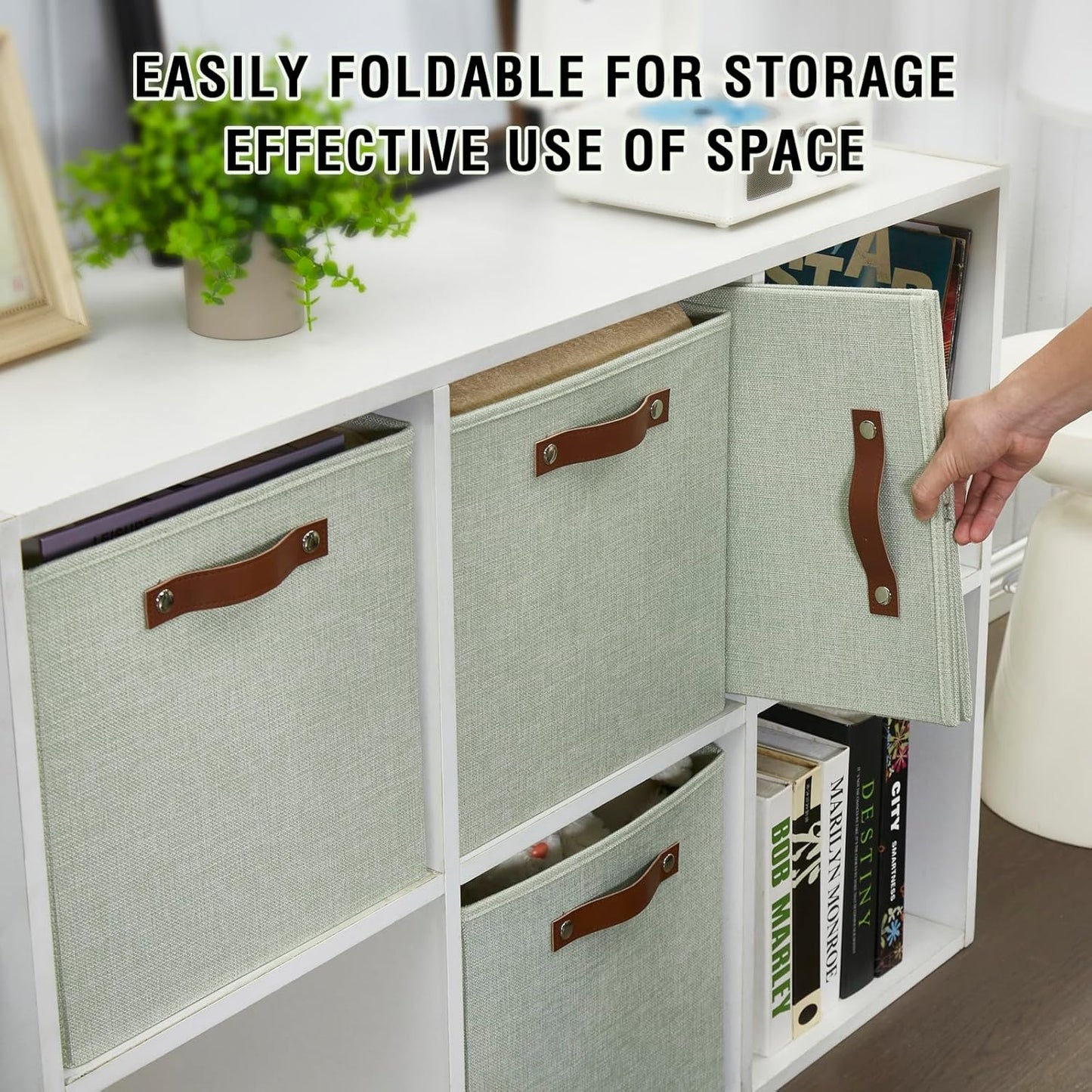 Collapsible Fabric Storage Cube Bins with 2 Reinforced PU Handles, Foldable Storage Organizer Baskets for Closet, Shelves, Living Room | 13"x13"x13", 4 Pack, Sage Green