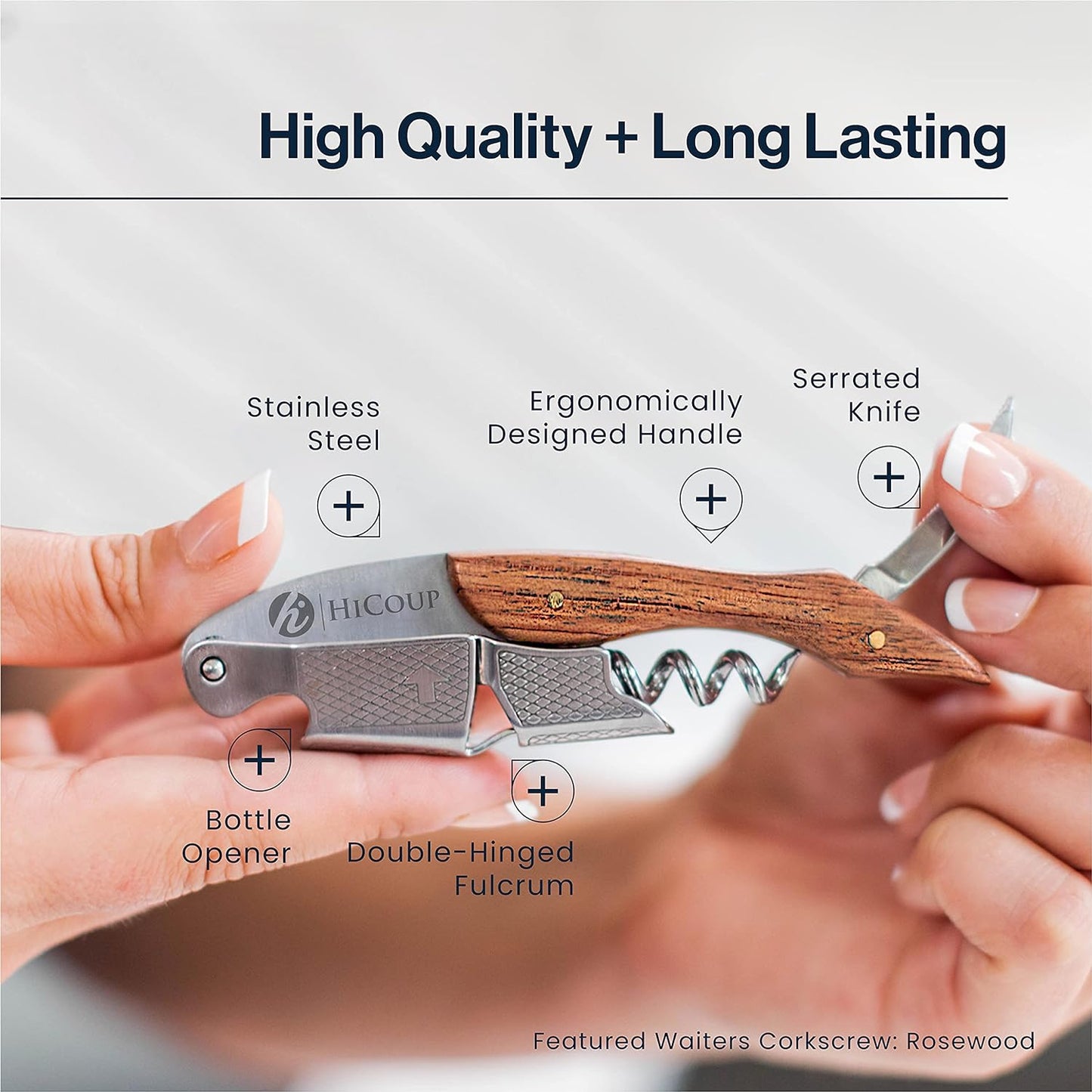 Hicoup Wine Opener - Professional Corkscrews for Wine Bottles w/Foil Cutter and Cap Remover - Manual Wine Key for Servers, Waiters, Bartenders and Home Use - Wood, Bai Ying