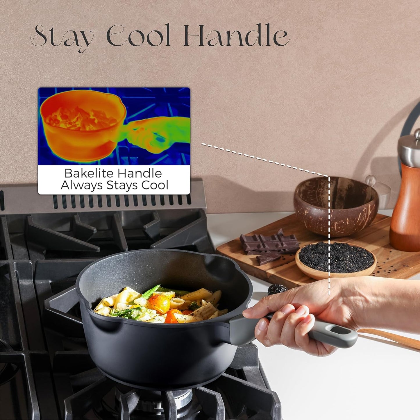 PRICUSIS Nonstick Saucepan with Lid, 2 Quart Non Toxic Pot with Pour Spouts, Full Coated, 100% Dishwasher Safe, Induction Compatible & Oven Safe, PTFE & PFOA Free, Black Sesame