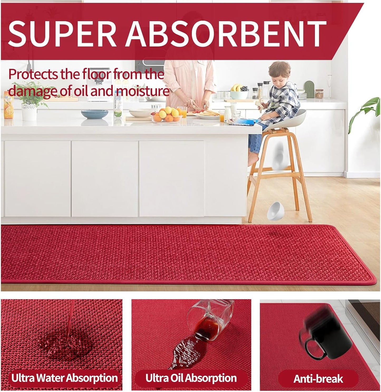 Kitchen Mats for Floor, Super Absorbent Kitchen Rugs Non Slip Washable, Soft Imitation Linen Braided Kitchen Runner Rug, Standing Mat Kitchens Sink Mat, Easy to Clean, Red 17x59
