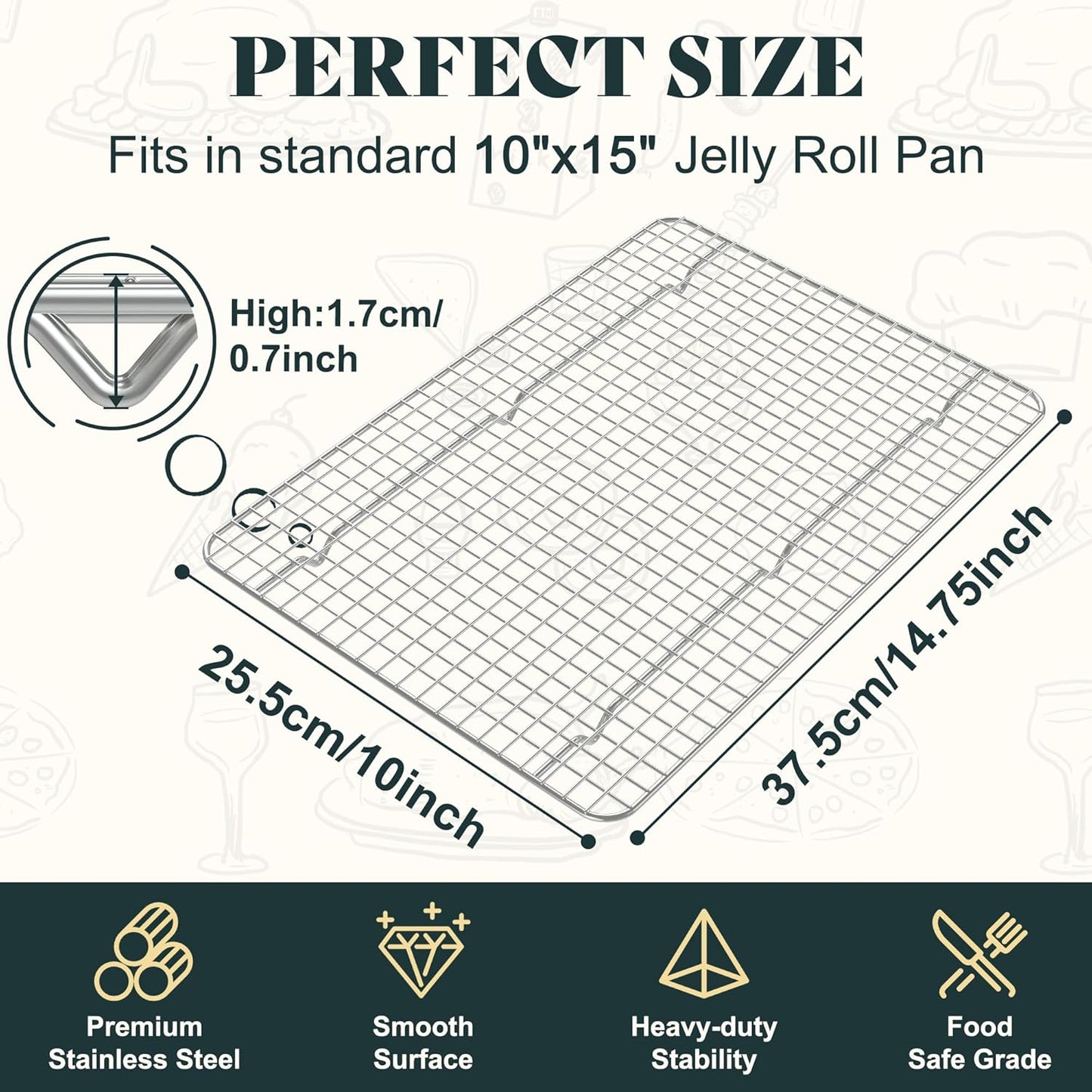 Cooling Racks for Cooking and Baking-10"x14.75" Oven Safe Premium Stainless Steel Heavy Duty Baking Rack Tight-Wire, Fits Jelly Roll Pan for Roasting & Grilling & Cooking-1 Pack