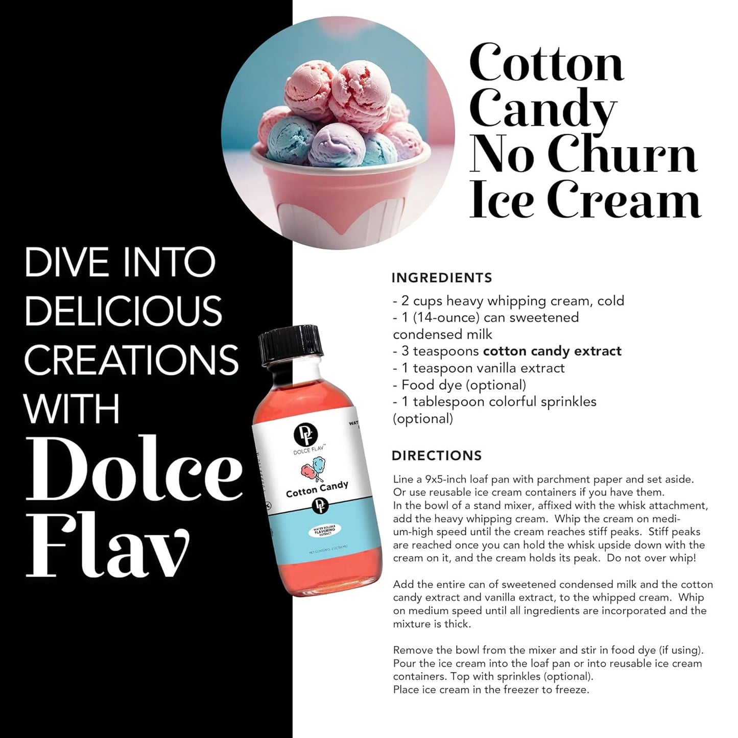 Dolce Flav Cotton Candy Extract – 8 Ounce Water-Soluble Kosher, Sugar-Free, Concentrated Carnival-Style Flavoring for Baking, Frostings & Drinks, Includes Measured Dropper