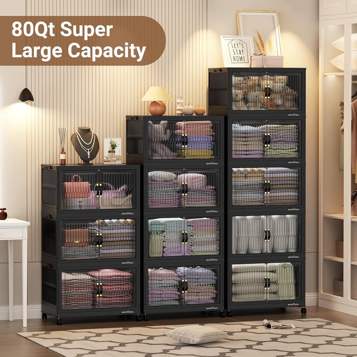 240Qt Stackable Storage Bins with Lid, Extra Large Closet Organizer Collapsible Drawer Boxes with Wheels, Folding Plastic Cabinet Containers for Home Kitchen Room Organization, 3Pack Black