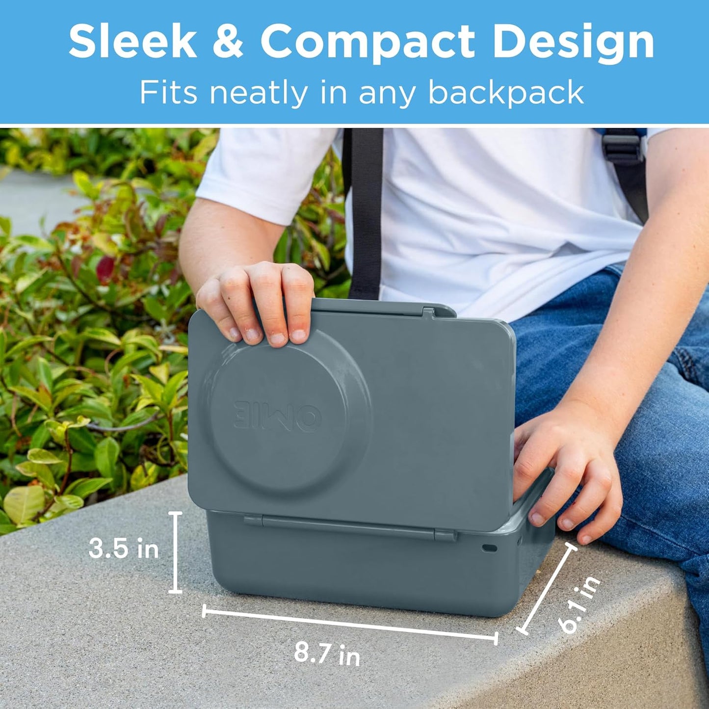 Omie OmieBox UP bento Box for Kids | Insulated Lunch Box | Leak Proof Vacuum Insulated Thermal Food jar | Cooler ice Pack | 2 Compartments (Graphite)