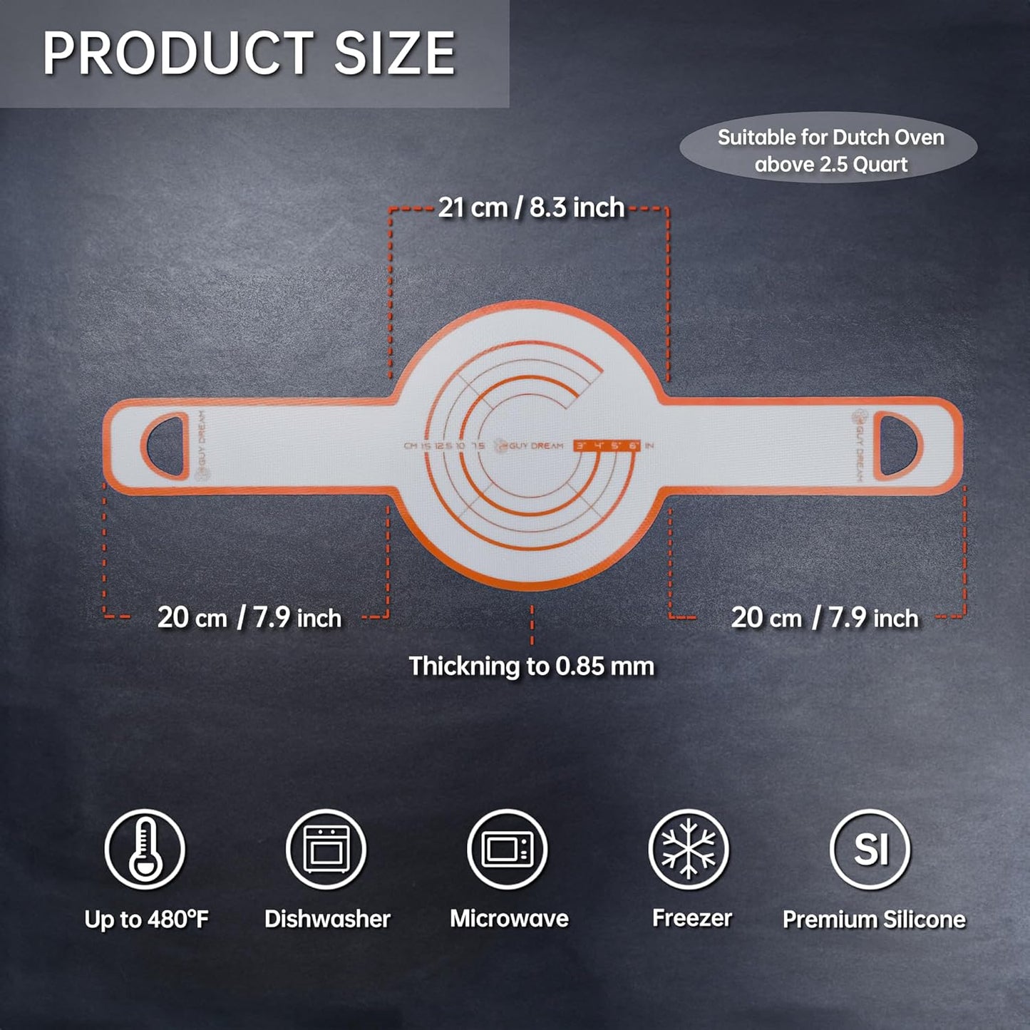 GUYDREMAT Dutch Oven Bread Baking Sling - Heat Resistant, Non-Stick Silicone Mat for Lifting Artisan Loaves, Food-Grade, Reusable Bread Tool, Fits 3-7 Quart Cookware, Easy to Clean