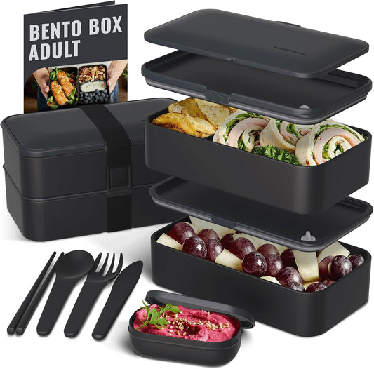 Bentoheaven Premium Bento Box Adult Lunch Box with Compartments for Women & Men, Set of Utensil & Chopsticks & Dip Container, Cute Japanese Kids Bento Lunch Box, Microwavable (Outer Space)