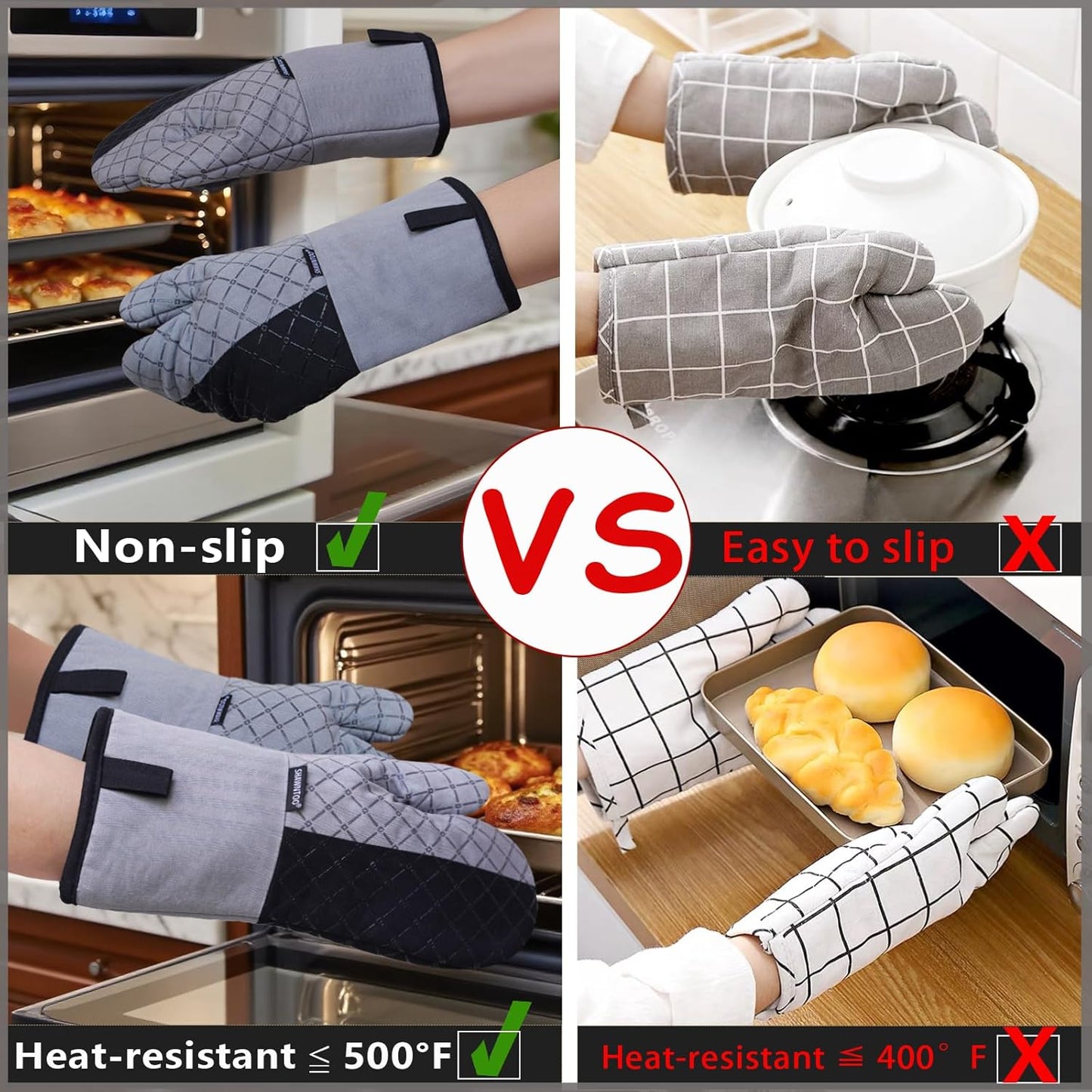 Oven Mitts and Pot Holders Sets 6pcs, Kitchen Oven Glove,High Heat Resistant 550 Degree Extra Long Oven Mitts and Potholders with Non-Slip Silicone Surface for Home Essentials (Grey) (Charcoal Grey)