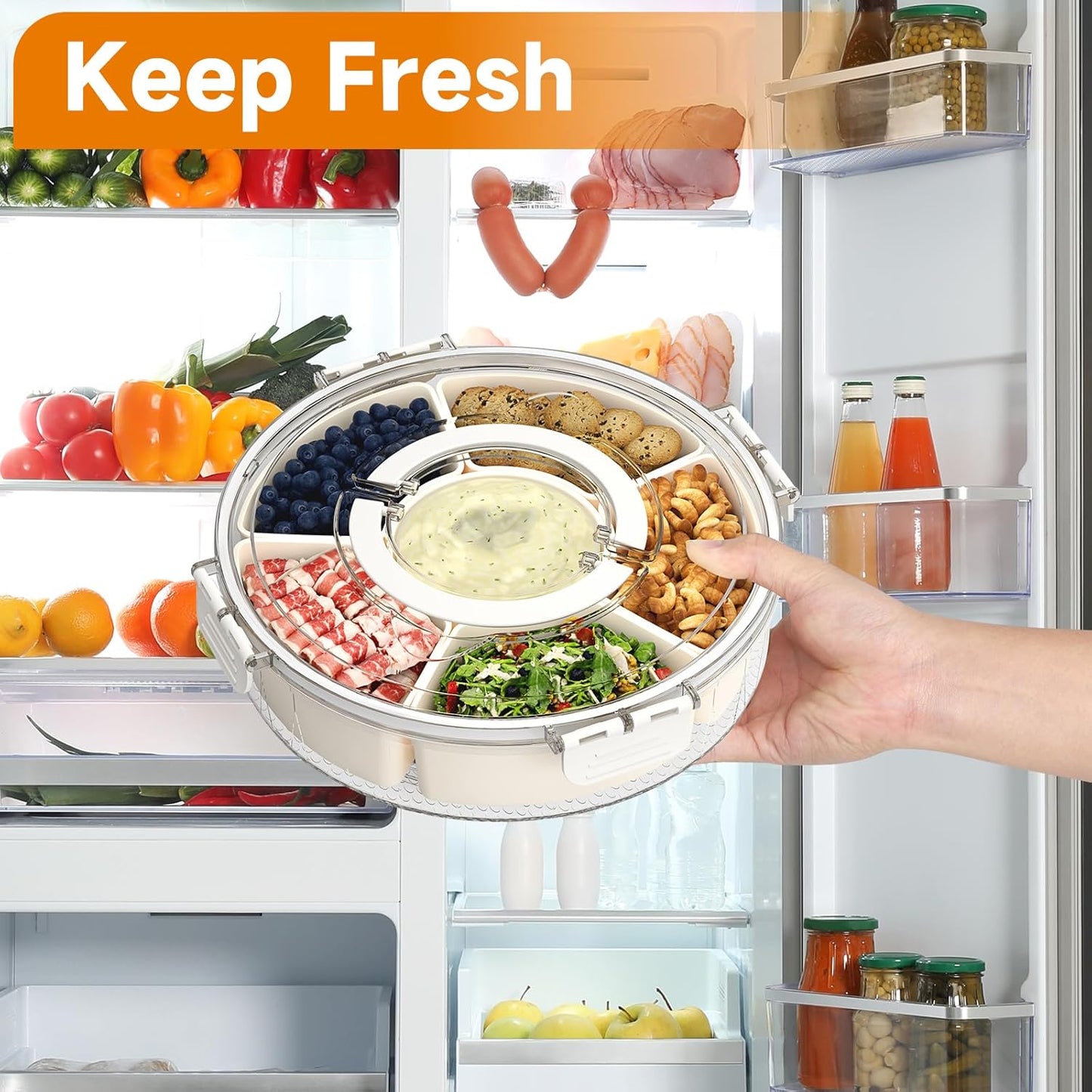 Small Divided Rotating Serving Tray with Lid and Handle,Portable Snackle Box Container,Spinner Organizer and Storage for Adults,Child,Fruits,Candy,Nuts,Veggie,Charcuterie,Snacks,Picnic,Travel, Party