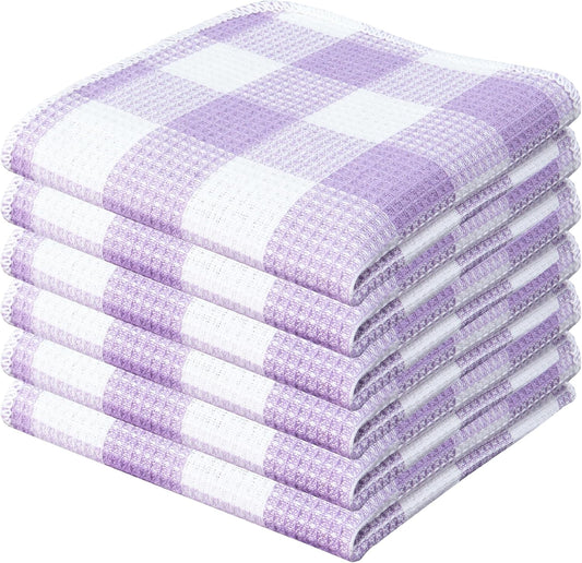 Waffle Weave Plaid Dish Cloths, 100% Cotton - 12 x 12 Inches, Ultra Soft Absorbent Quick Drying Dish Towels Buffalo Check Dish Rags for Kitchen, 6 Pack - Spring Summer - Lavender and White