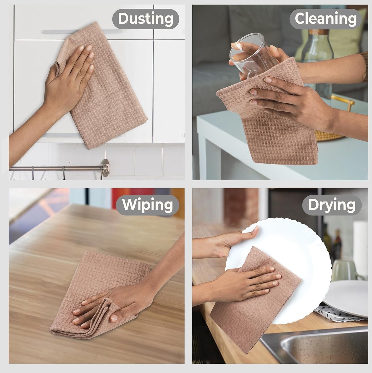 Urban Villa Waffle Dish Towels - Tan Color Set of 6 Highly Absorbent Cotton Towels - Oversized 18x28 with Mitered Corners