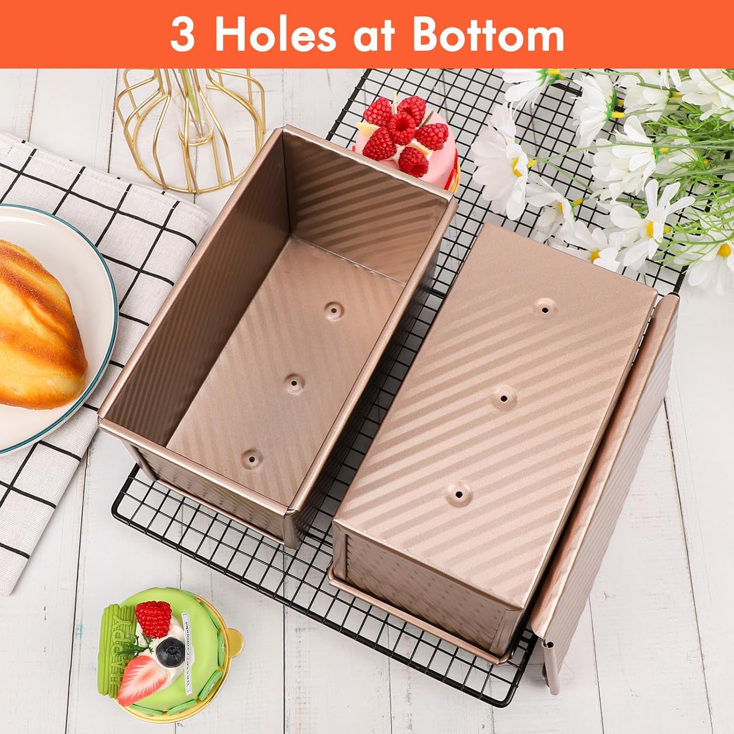 Beasea Pullman Loaf Pan with Lid, 2 Pack 1 lb Non-Stick Bread Loaf Pans Carbon Steel Bread Toast Box with Cover for Homemade Bakeware Bread Toast Oven Baking - Rose Gold